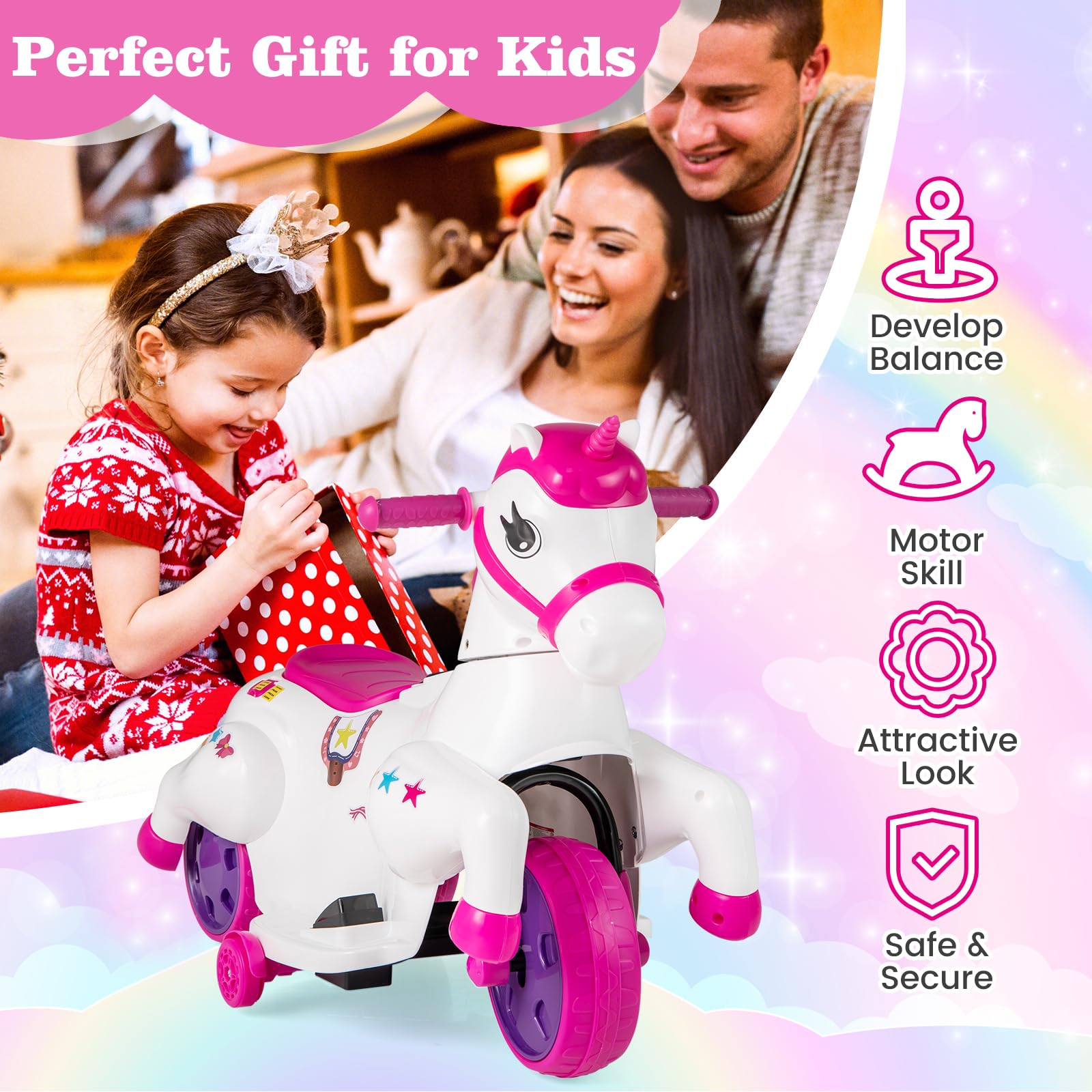 INFANS 2 in 1 Ride on Motorcycle and Horse, Unicorn 6V Battery Powered Ride on Toy with Up & Down Function, Kids Electric Vehicle