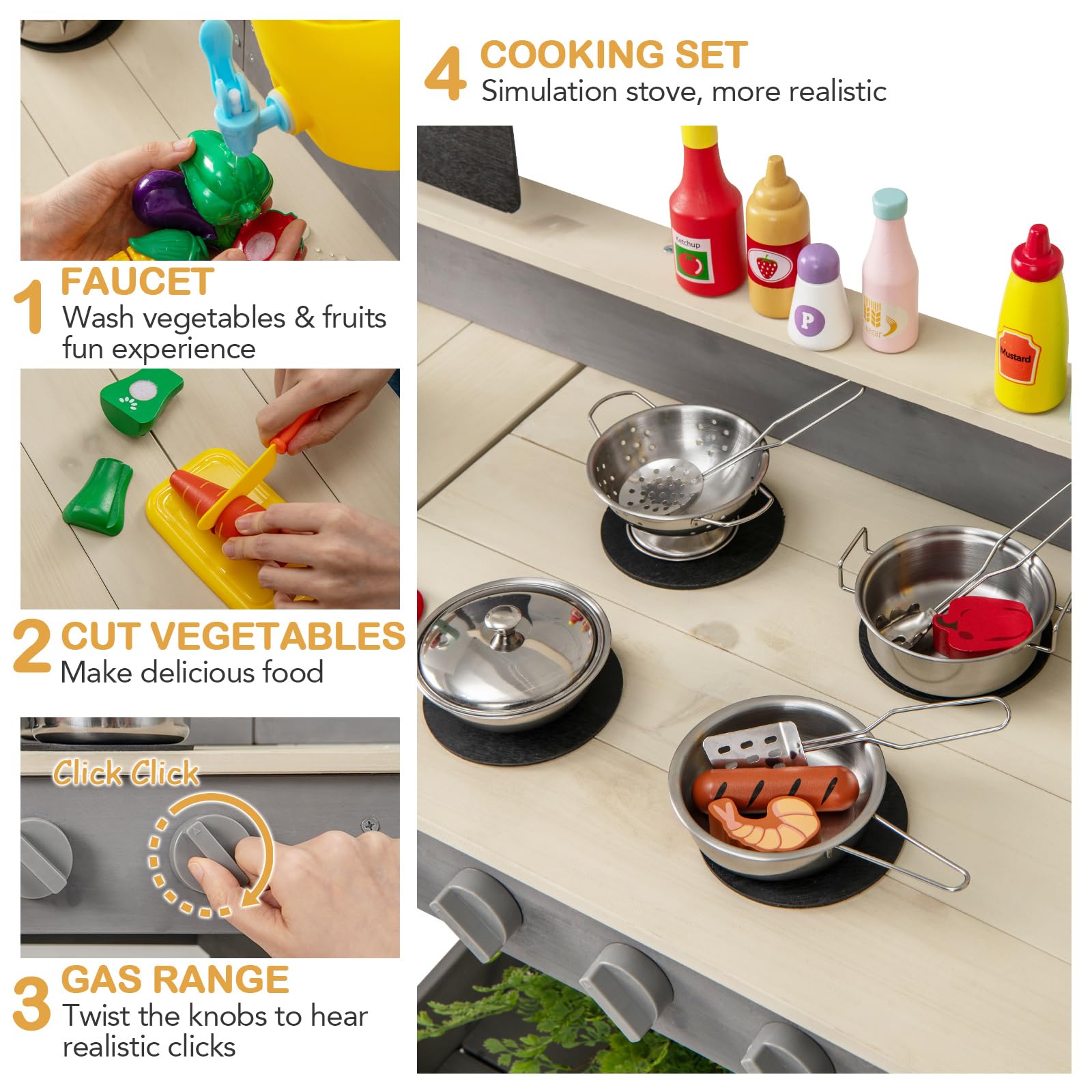 INFANS Mud Kitchen, Outdoor Play Kitchen with Faucet Chalkboard Stoves Removable Sink Cooking Accessories Wooden Kids Kitchen Playset