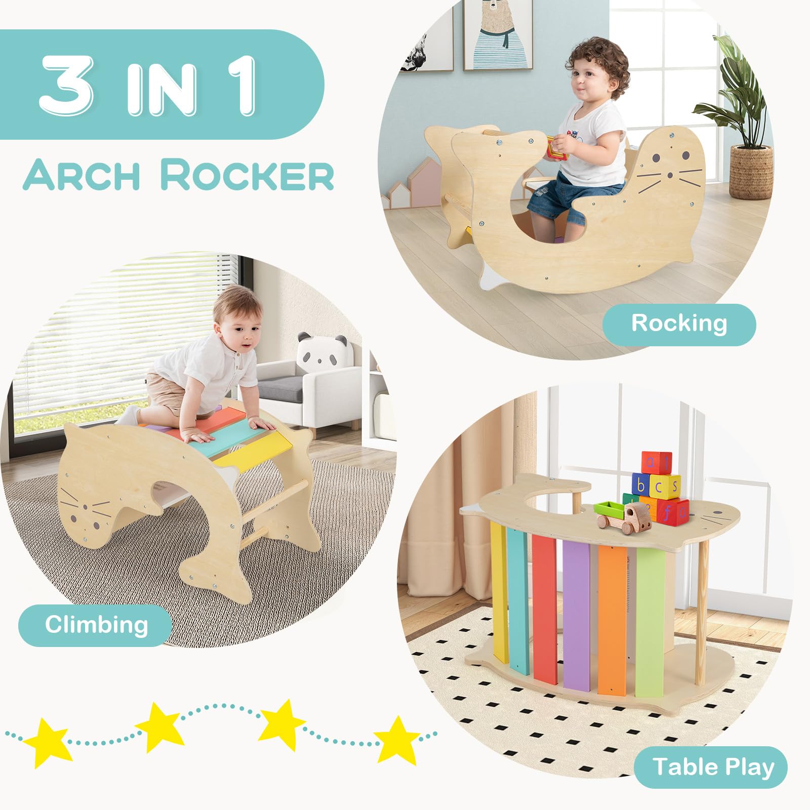 INFANS Climbing Toys for Toddlers, 3 in 1 Pikler Montessori Wooden Arch Climber Rocker Ladder, Indoor Kids Activity Climb Toy