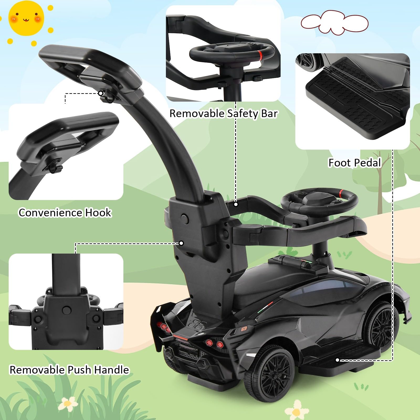 INFANS 3 in 1 Ride on Push Car, Licensed Lamborghini Baby Stroller Sliding Walking Car with Push Handle
