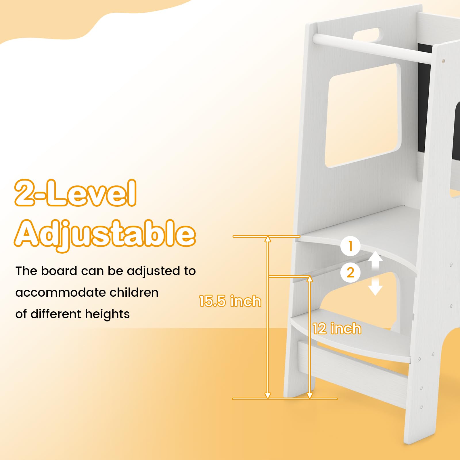 INFANS Toddler Standing Tower, Kids Montessori Kitchen Step Stool Helper with 2 Adjustable Height Learning Blackboard Safety Rail