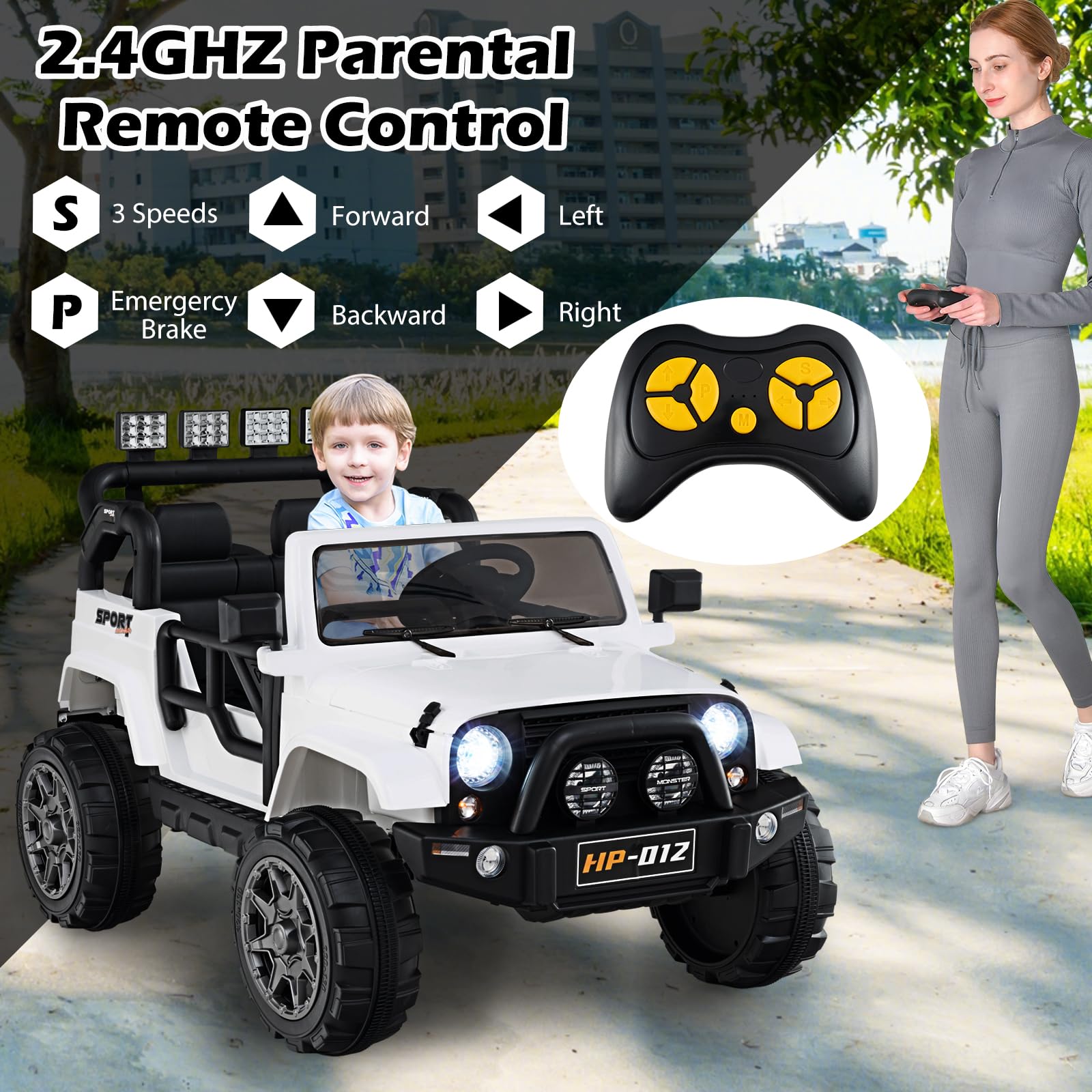 INFANS 2 Seater Ride on Truck, 12V Battery Powered Electric Vehicle for Kids with Remote Control, Power Display, LED Lights