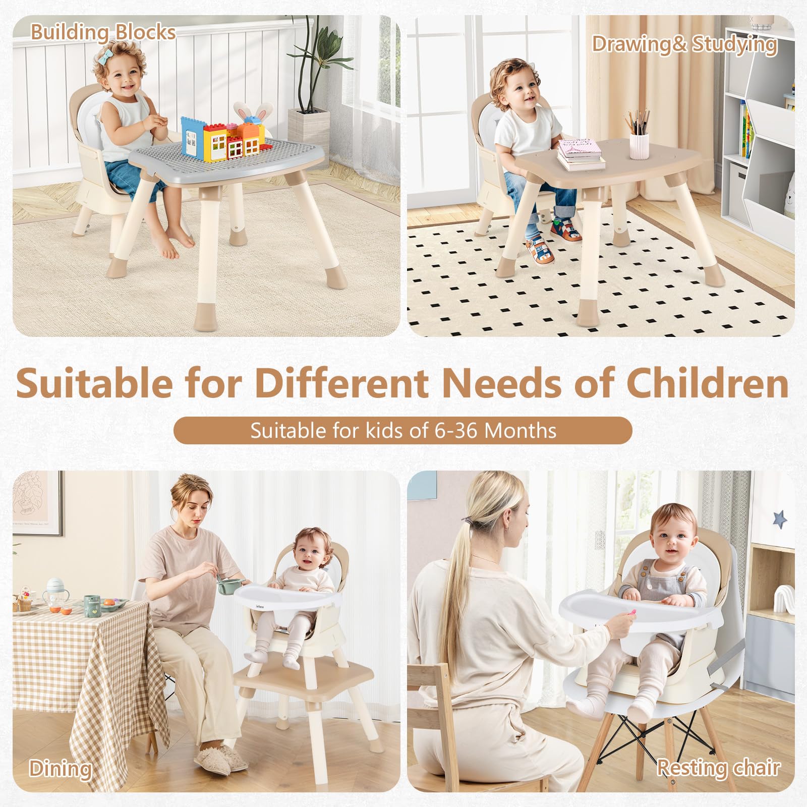 INFANS 8 in 1 Baby High Chair, Convertible Highchair for Babies and Toddlers, Infant Dining Booster Seat, Kids Stool Table Chair Set