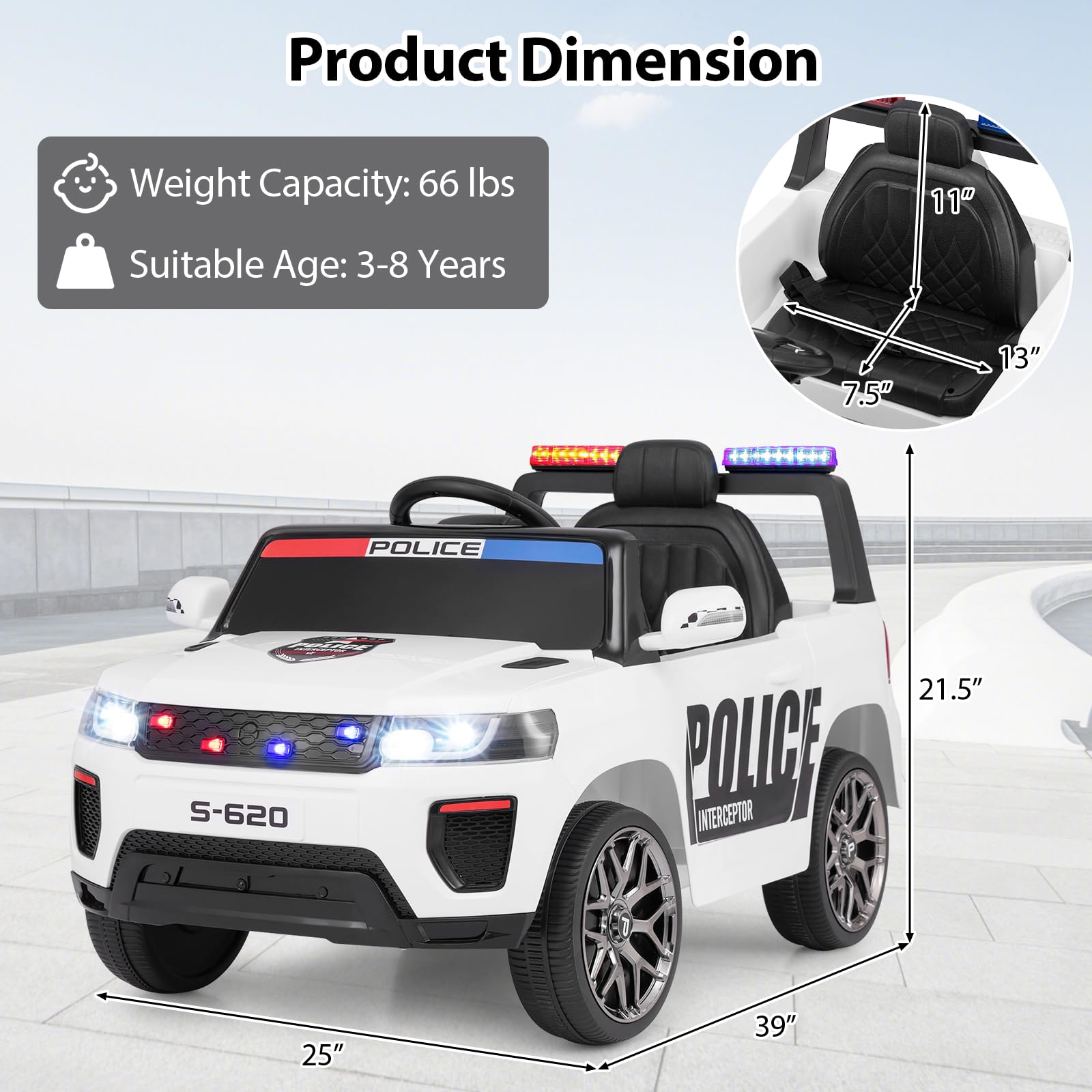 INFANS Ride on Police Car, 12V Kids Battery Powered Electric Vehicle with Siren, Flashing Lights, Bluetooth, Power Display