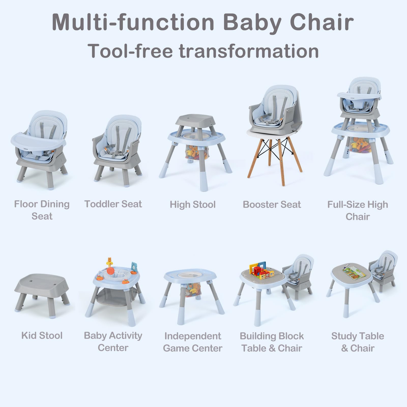INFANS 9 in 1 High Chair, Convertible Baby Highchair, Table and Chair Set Building Block Infant Dining Booster Seat