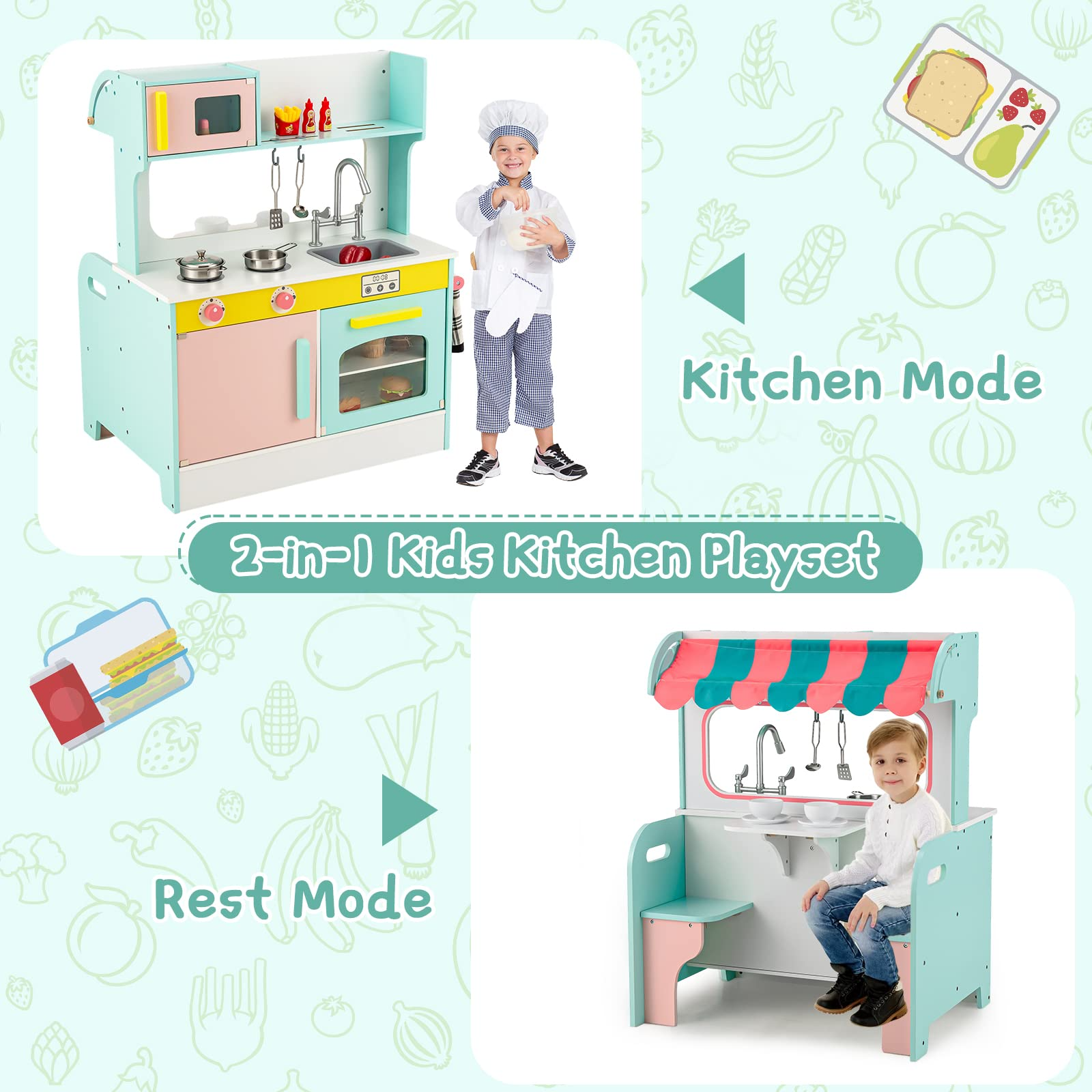 INFANS 2 in 1 Kids Play Kitchen and Restaurant, Double Sided Toddler Wooden Pretend Cooking Set with Stove Sink Microwave Storage Cabinet INFANS