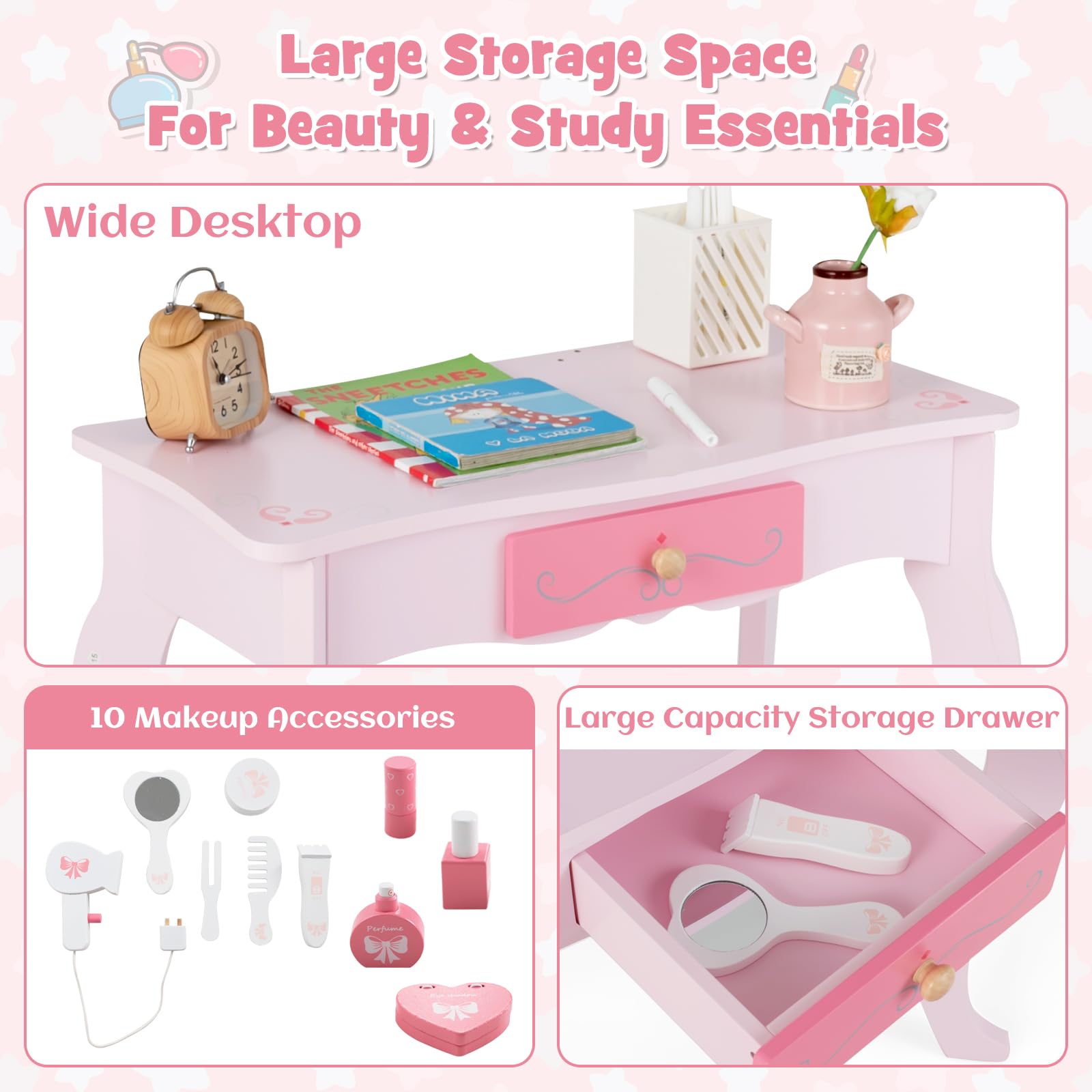 INFANS Kids Vanity, 2 in 1 Princess Makeup Desk Set, Wooden Dressing Table, Pretend Play Vanity Set