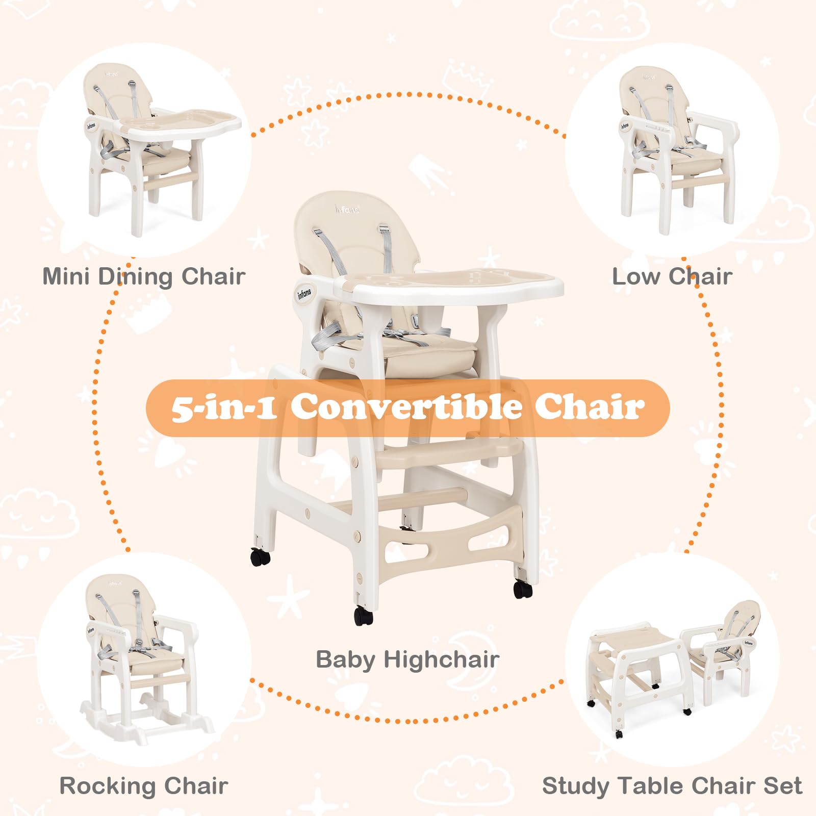 INFANS 5 in 1 Baby High Chair, Convertible Toddler Table Chair Set, Rocking Chair, Multi-Function Seat with Lockable Universal Wheels