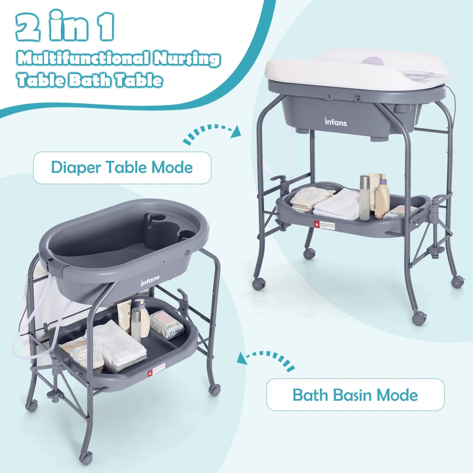 INFANS 2 in 1 Baby Changing Table with Bath Tub Unit, Folding Diaper Dresser Station with Wheels Waterproof Pad