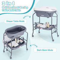 INFANS 2 in 1 Baby Changing Table with Bath Tub Unit, Folding Diaper Dresser Station with Wheels Waterproof Pad