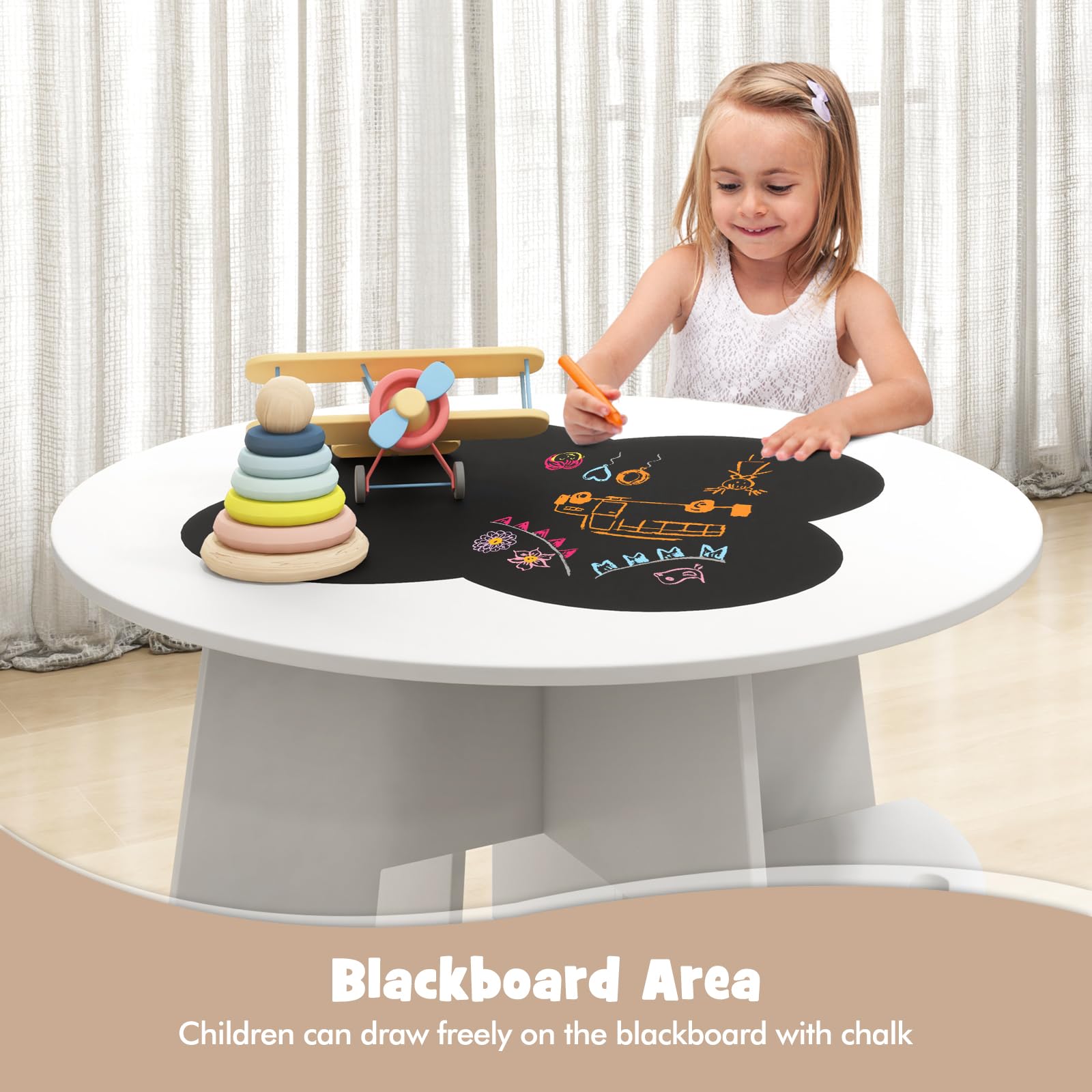 INFANS Toddler Table and Chair Set with 4 Storage Stools, Wooden Flower Shaped Nesting Table with Blackboard Drawers