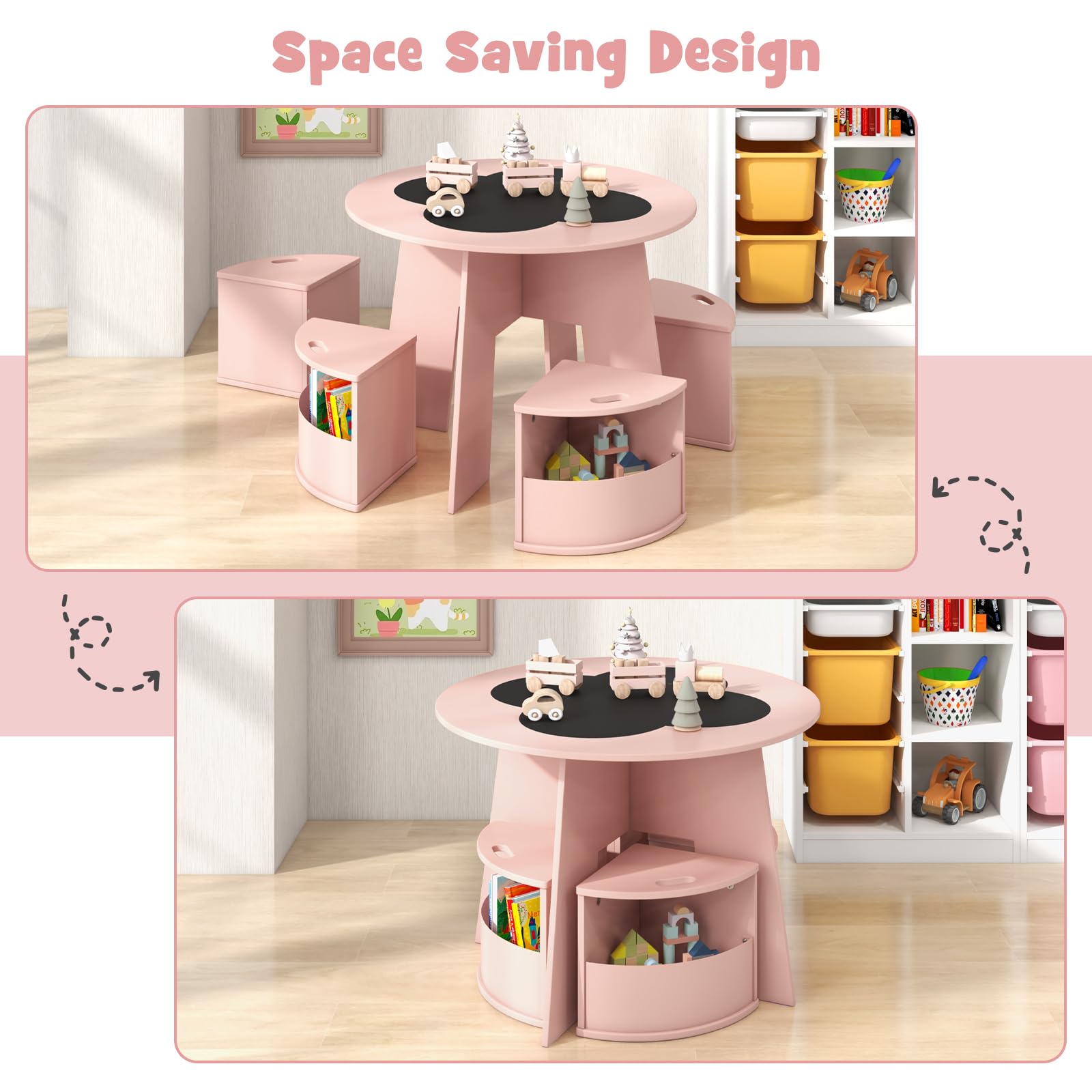 INFANS Toddler Table and Chair Set with 4 Storage Stools, Wooden Flower Shaped Nesting Table with Blackboard Drawers