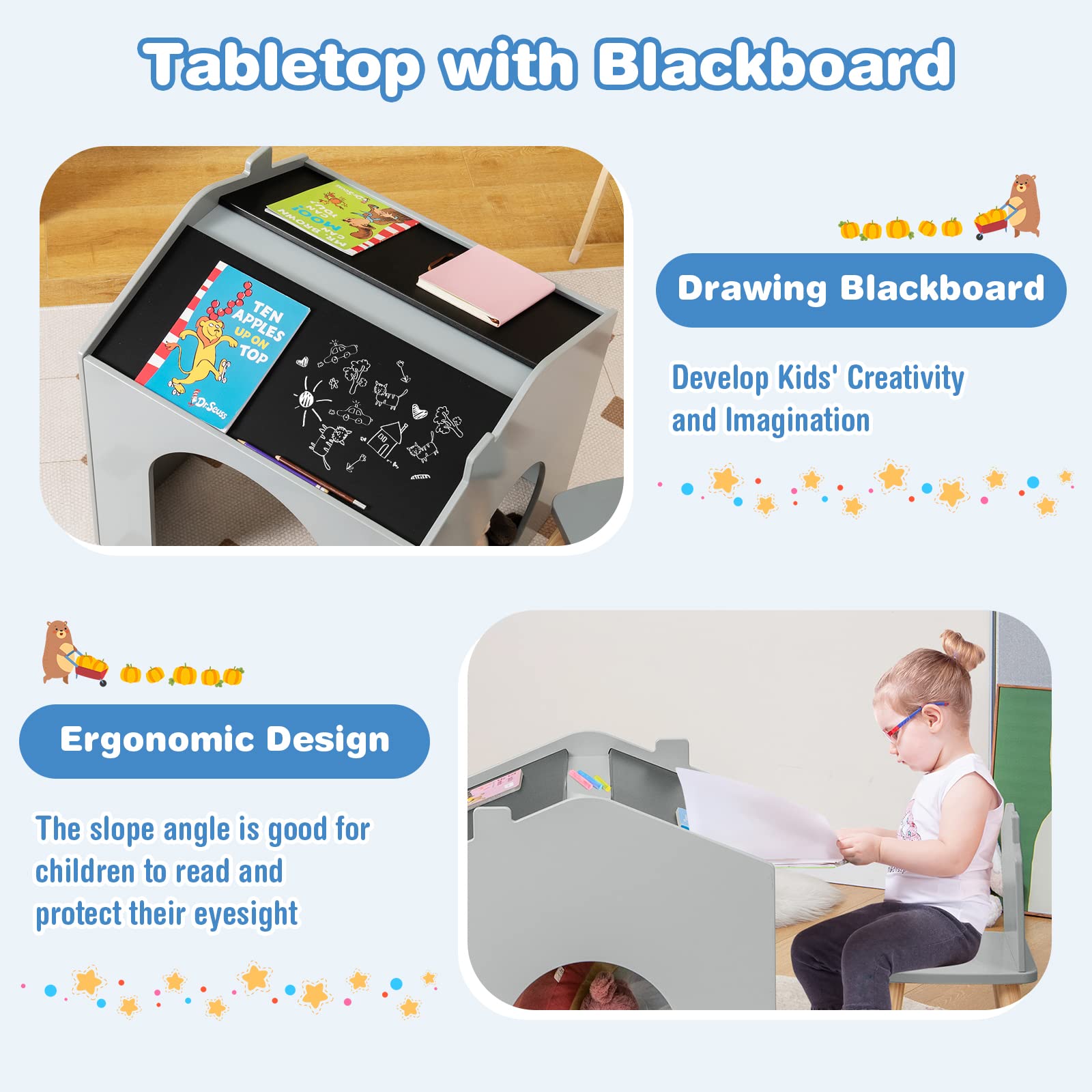 INFANS Kids Table and Chair Set, Wood Multi Activity Table with Blackboard for Toddler Playing Drawing Reading Arts Crafts