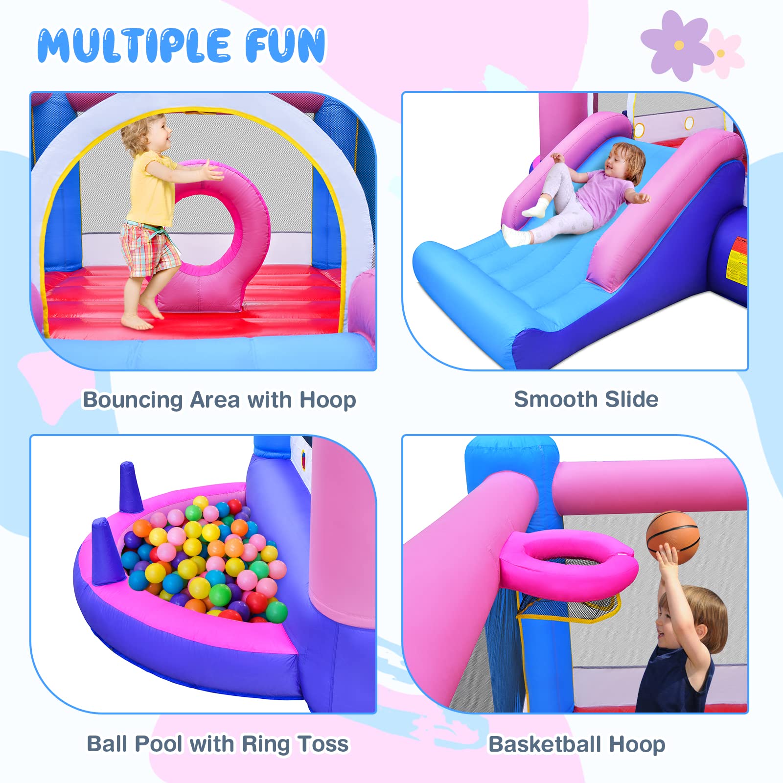 INFANS Inflatable Bounce House, Kids Candyland Pink Jumping Castle with Slide Ball Pit Basketball Rim