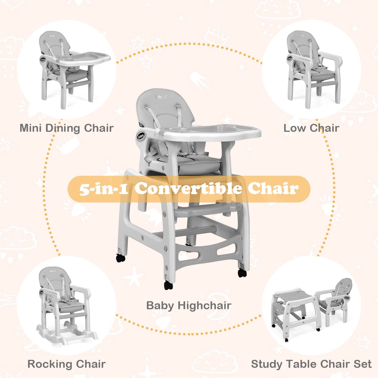 INFANS 5 in 1 Baby High Chair, Convertible Toddler Table Chair Set, Rocking Chair, Multi-Function Seat with Lockable Universal Wheels