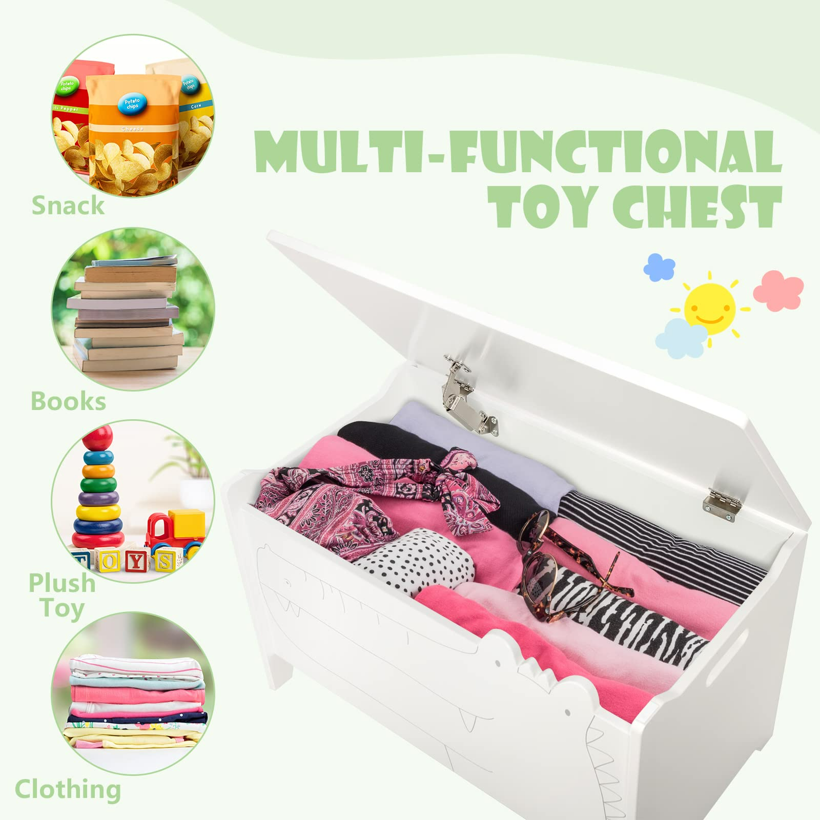 INFANS Wooden Toy Chest , Wide Kids Toy Box Storage Space with Safety Hinge and Handles INFANS