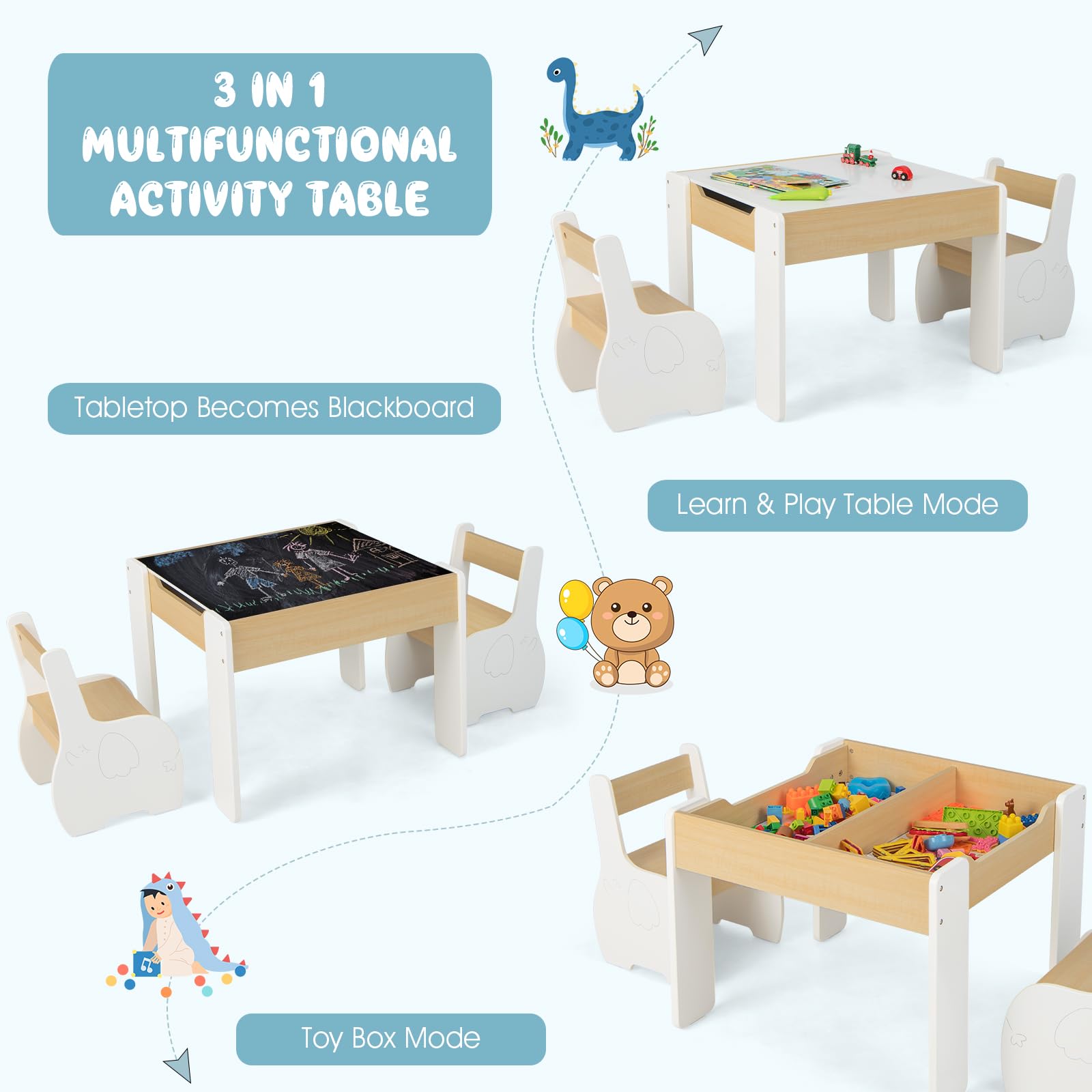 INFANS 3 in 1 Kids Table and Chair Set, Wood Multi Activity Table with Removable Tabletop, Detachable Blackboard