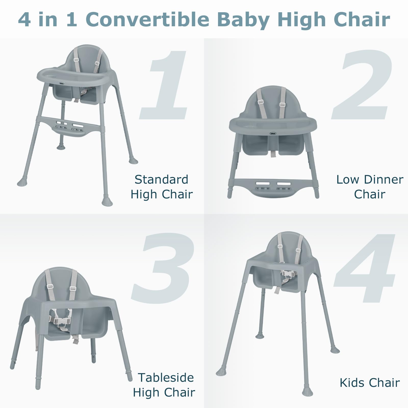 INFANS 4 in 1 Baby High Chair, Convertible Highchair for Babies and Toddlers, Infant Feeding Highchairs with Removable Tray Adjustable Footrest