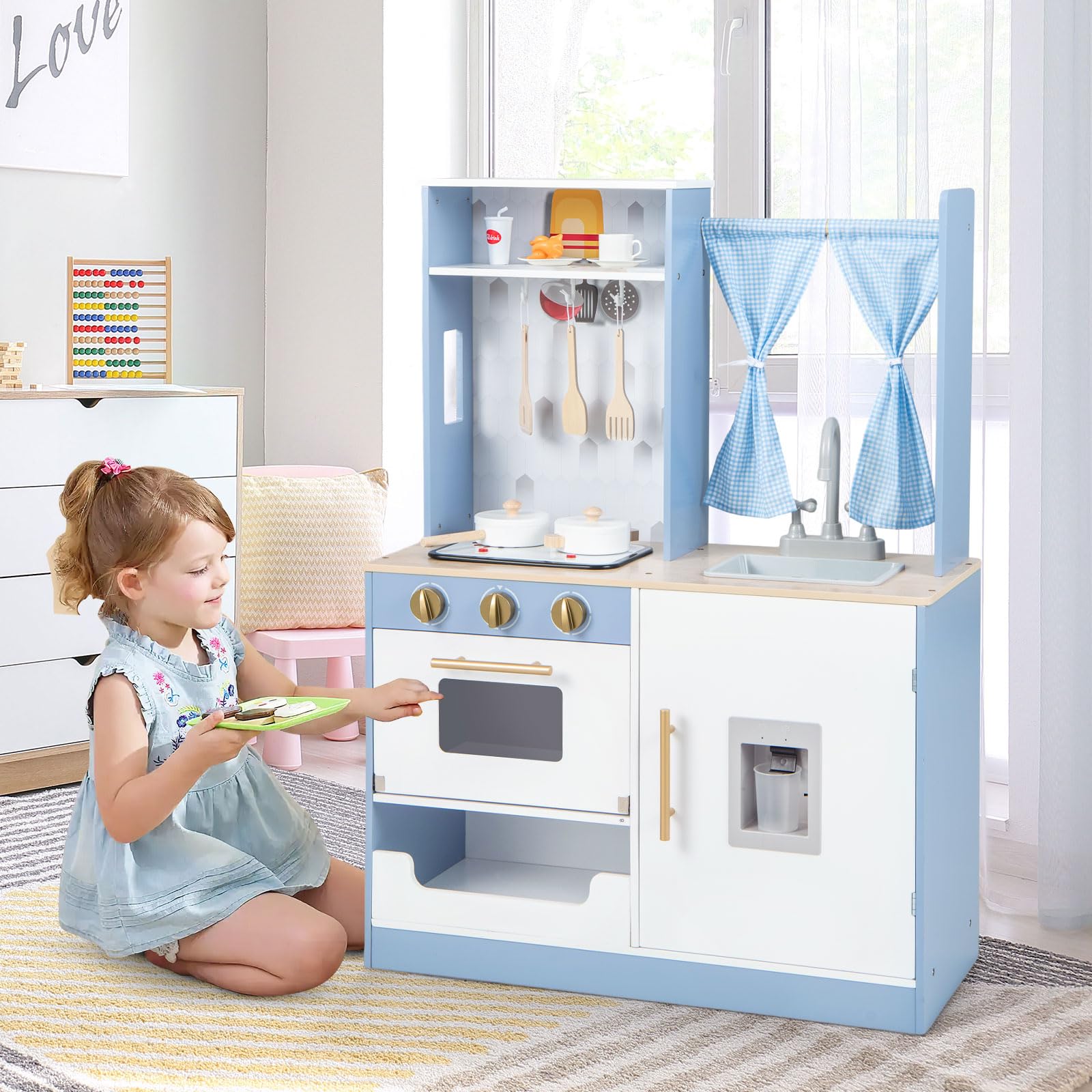 INFANS Kid Kitchen Playset, Toddler Wooden Pretend Cooking Set with Realistic Light & Sound, Stove, Microwave