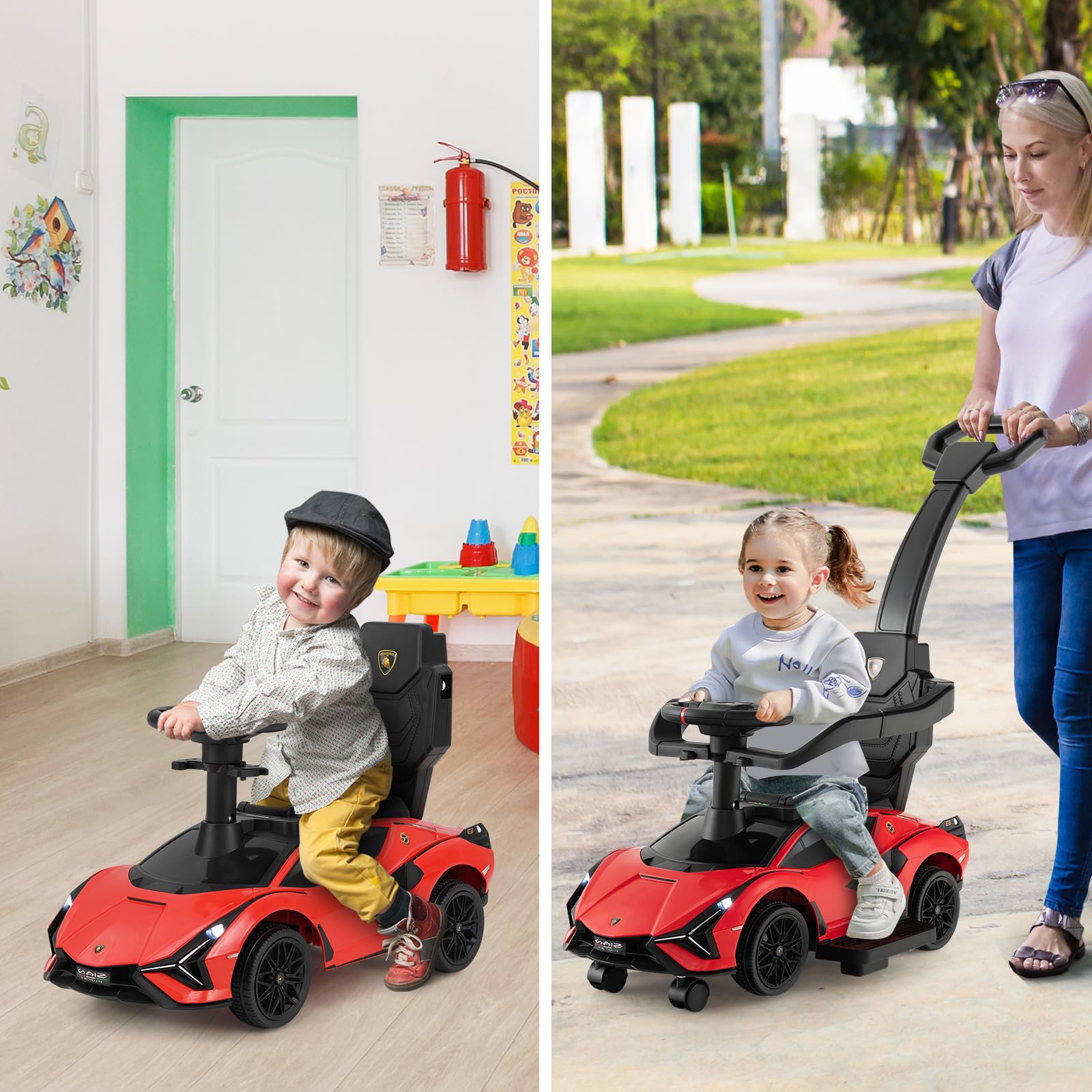 INFANS 3 in 1 Ride on Push Car, Licensed Lamborghini Baby Stroller Sliding Walking Car with Push Handle