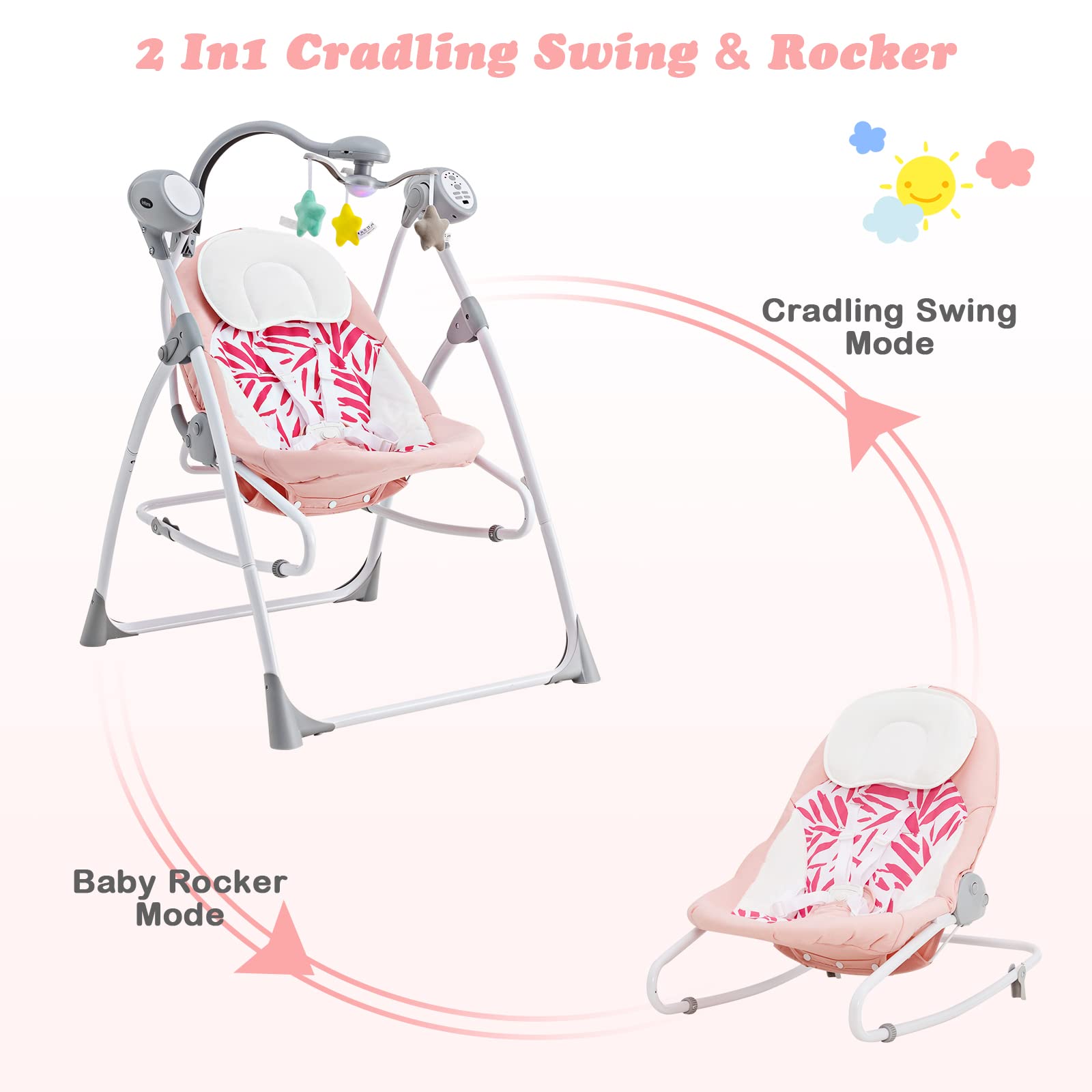 INFANS 2 in 1 Baby Swing and Bouncer for Infants, Portable Newborn Rocker with 5 Speed Sway Music Timing 2 Toys Remote Control, Easy Fold, Compact Electric Baby Swing for 0-6 Months Boy Girl INFANS