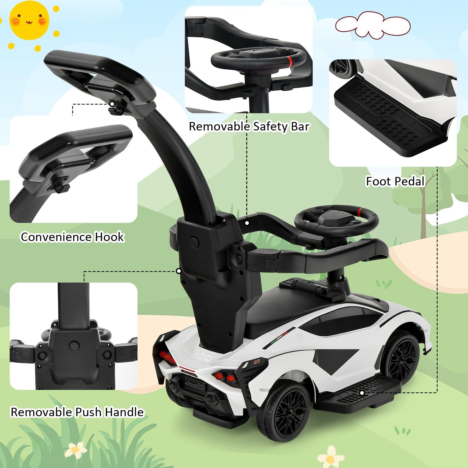 INFANS 3 in 1 Ride on Push Car, Licensed Lamborghini Baby Stroller Sliding Walking Car with Push Handle