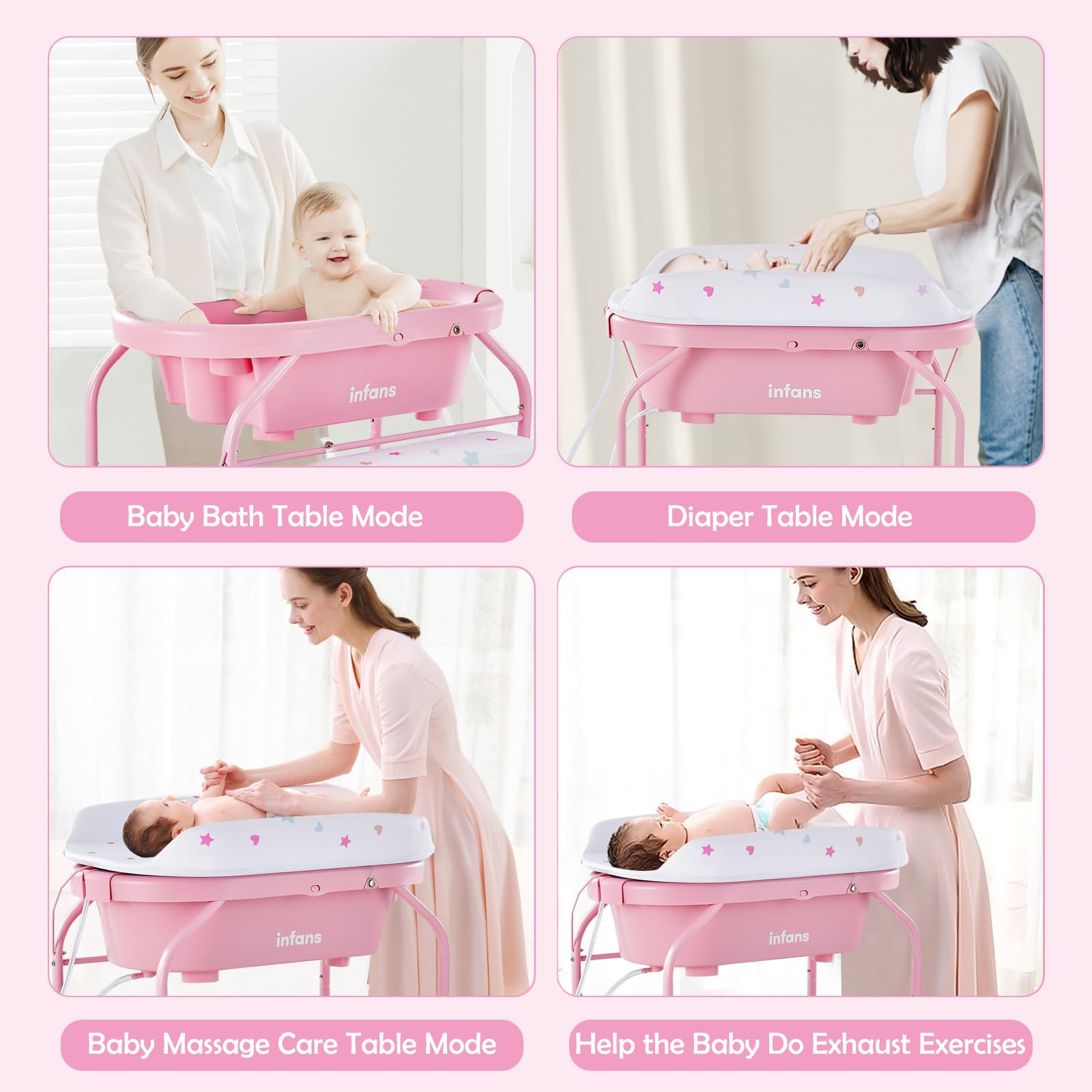 INFANS 2 in 1 Baby Changing Table with Bath Tub Unit, Folding Diaper Dresser Station with Wheels Waterproof Pad