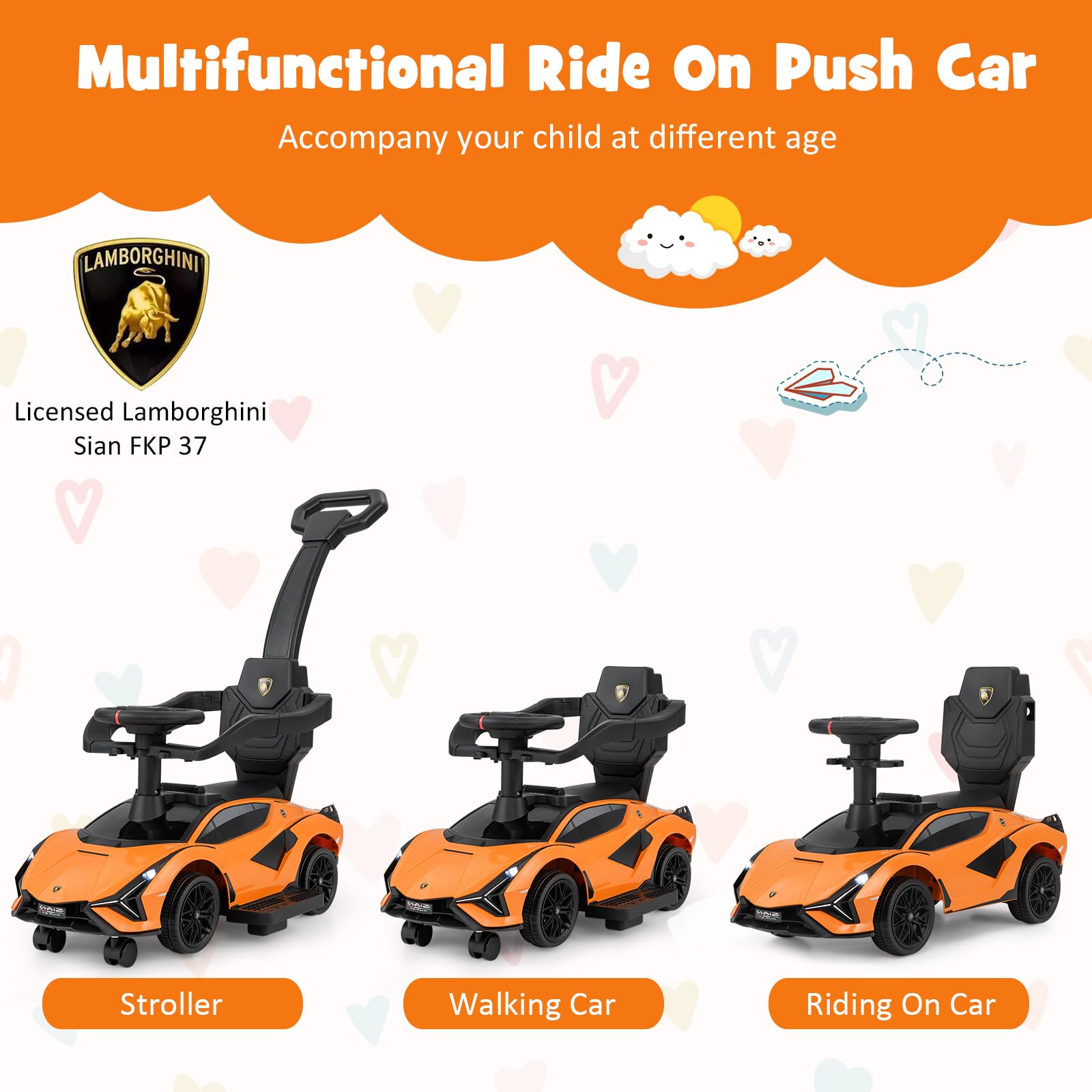 INFANS 3 in 1 Ride on Push Car, Licensed Lamborghini Baby Stroller Sliding Walking Car with Push Handle