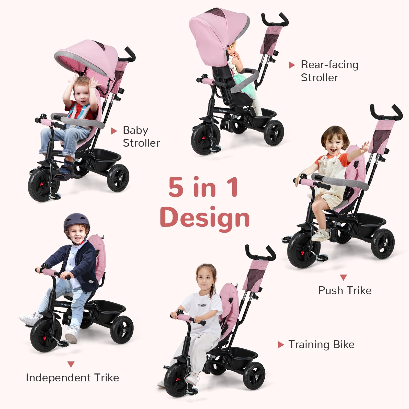INFANS Kids Tricycle, 6 in 1 Baby Trike Toddler Bike with Reversible Seat, Adjustable Push Handle, Removable Canopy