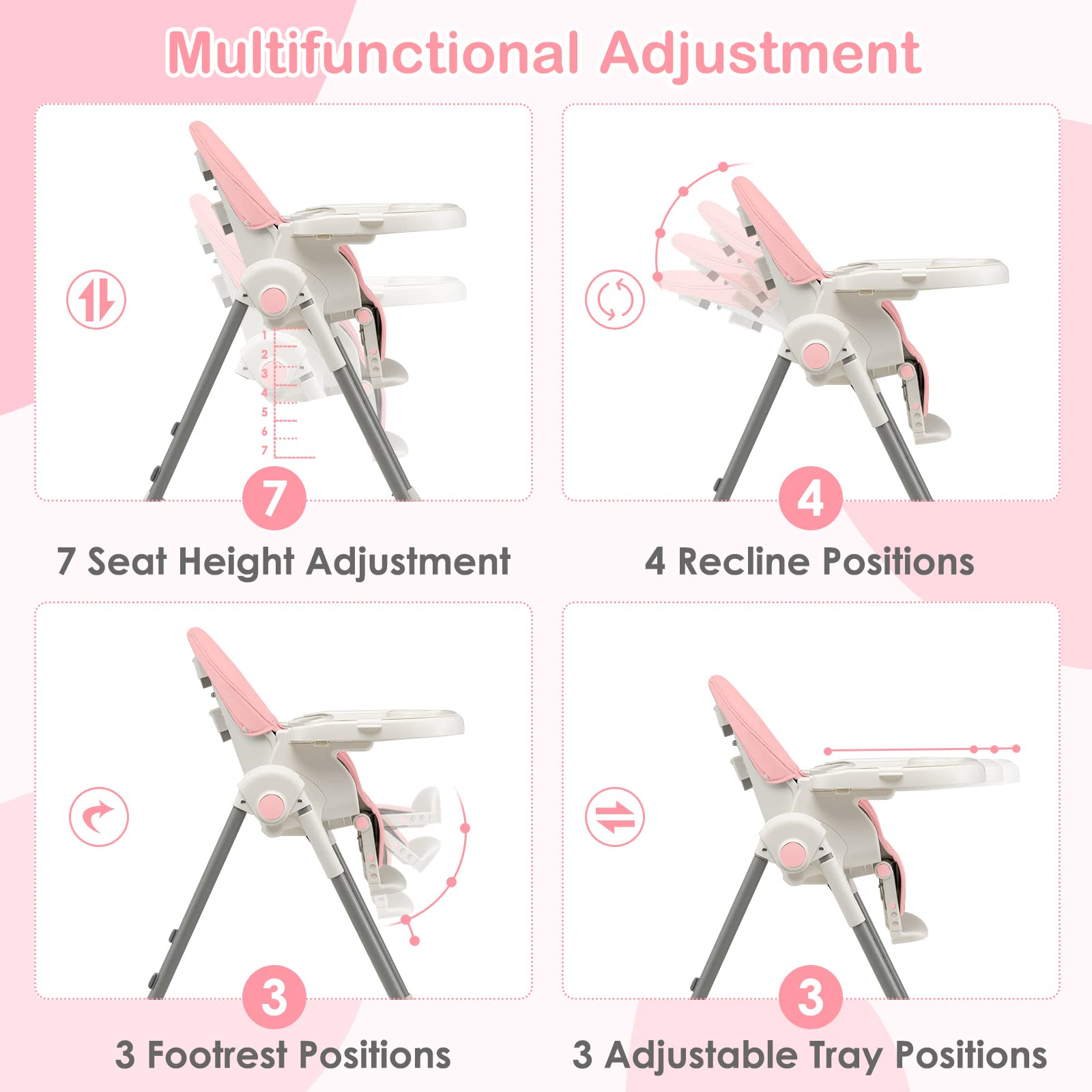INFANS High Chair for Babies and Toddlers, Foldable Highchair with 7 Different Heights 4 Reclining Backrest Seat 3 Setting Footrest INFANS