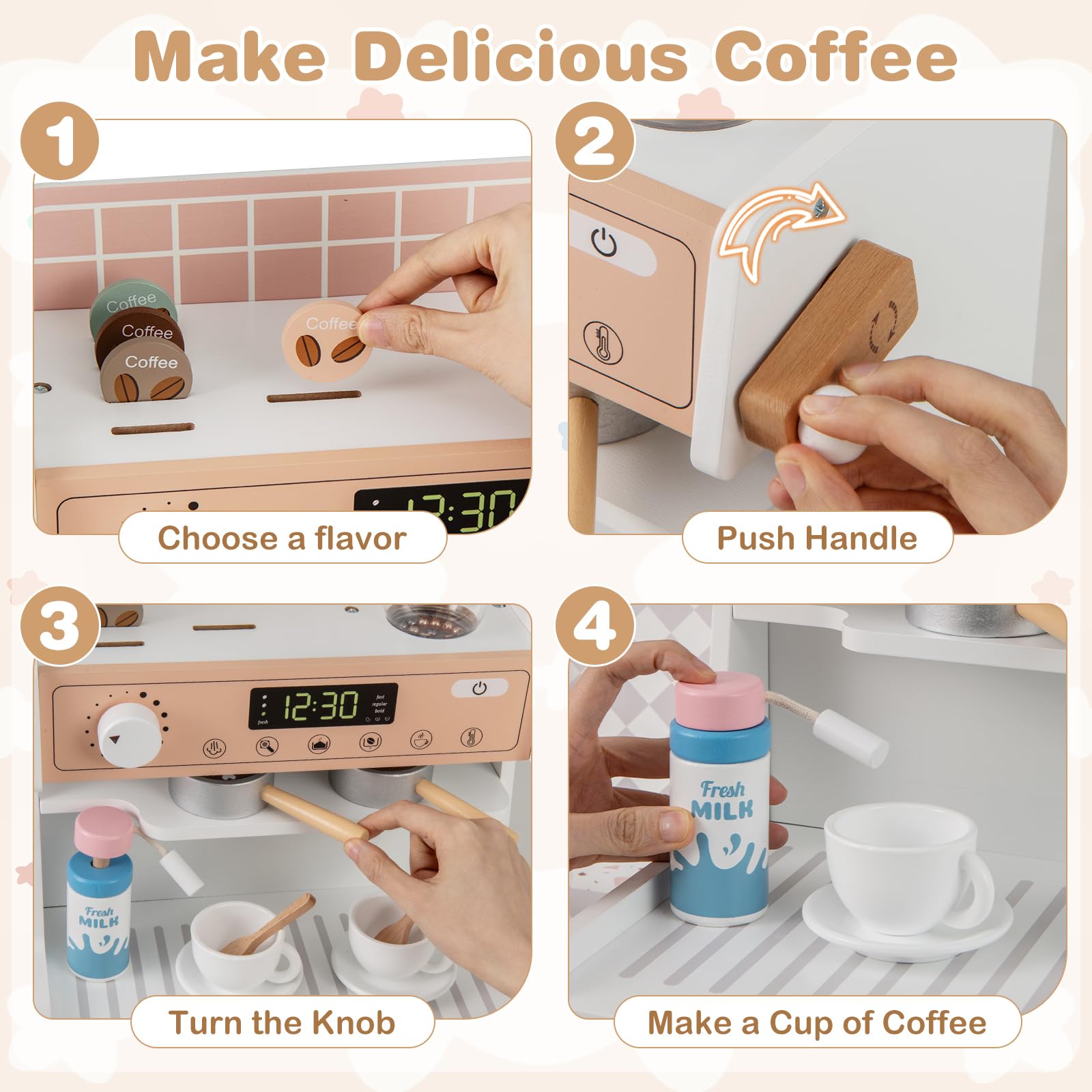 INFANS Kids Kitchen Playset, Toddler Wooden Kitchen Pretend Cooking Toy Set with Coffee Maker