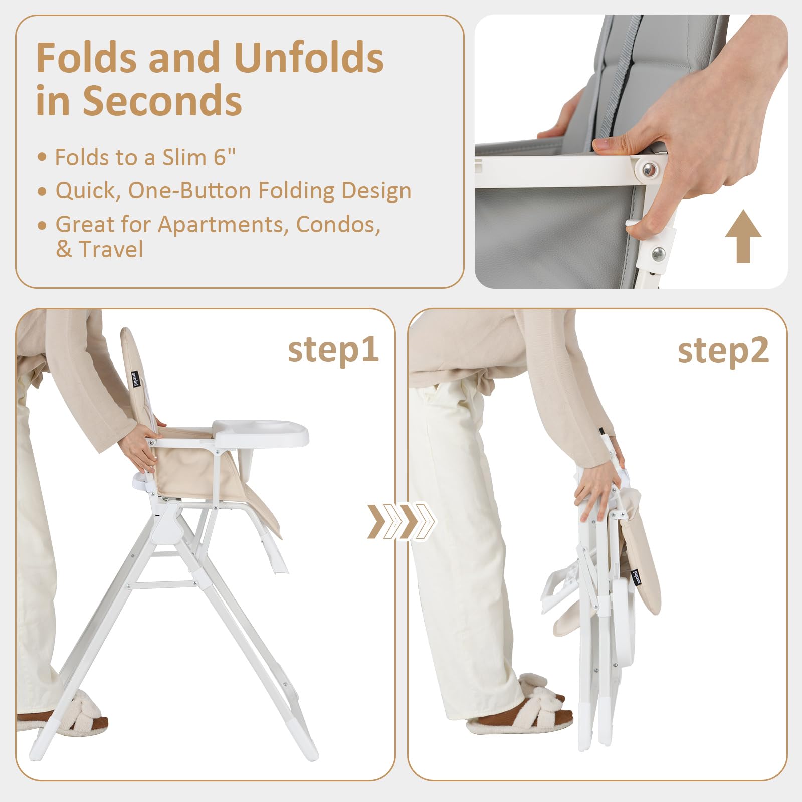 INFANS Baby High Chair, Quick Folding Portable Highchair for Babies and Toddlers with Adjustable Footrest Removable Dishwasher Tray PU Seat