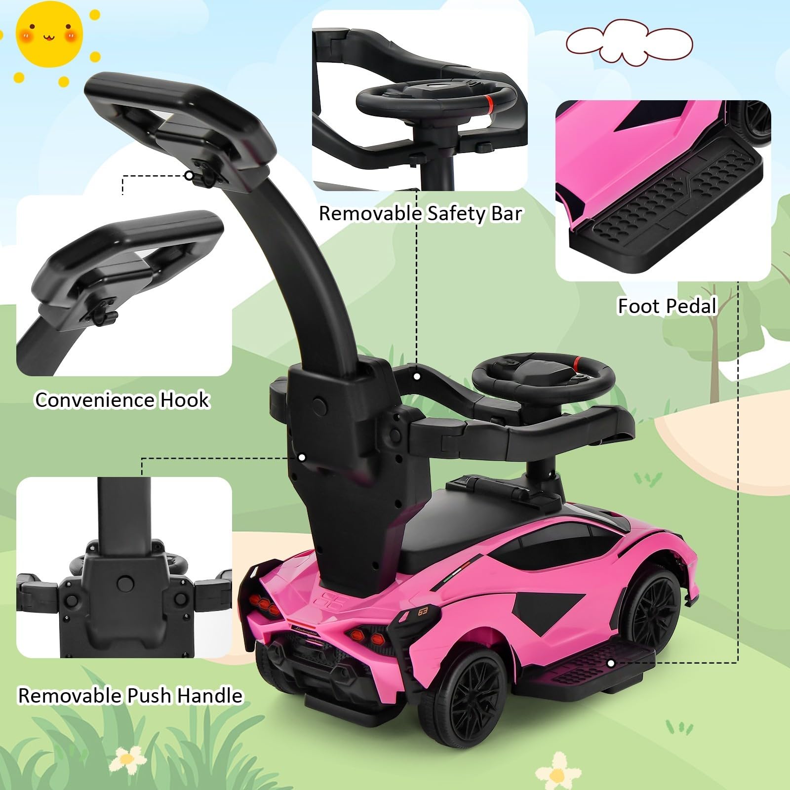 INFANS 3 in 1 Ride on Push Car, Licensed Lamborghini Baby Stroller Sliding Walking Car with Push Handle
