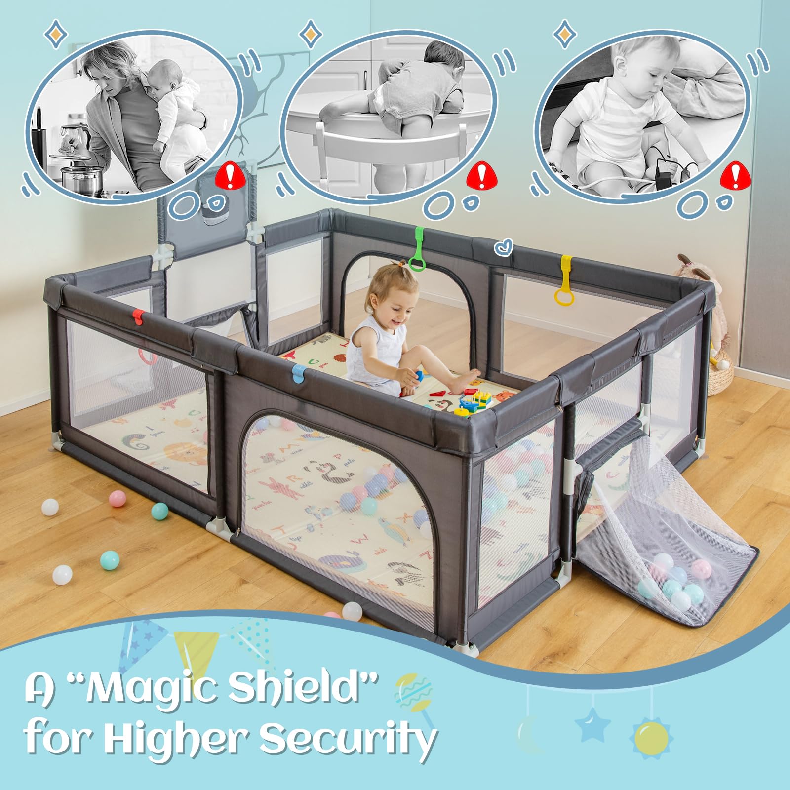 INFANS Baby Playpen, 74” x 62” Extra Large Baby Play Yard with Crawling Mat, Indoor Activity Center