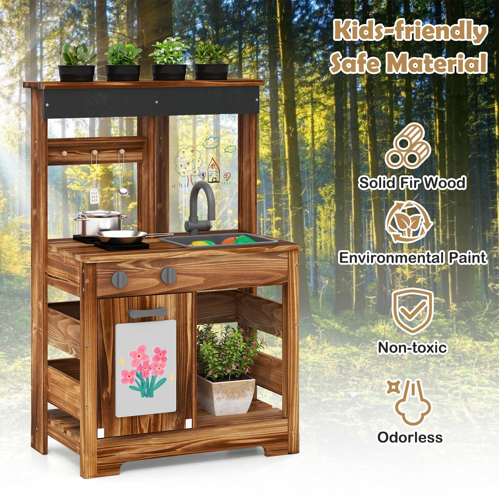 INFANS Mud Kitchen, Outdoor Play Kitchen with Drawing Board, Cooking Accessories, Wooden Kids Kitchen Playset