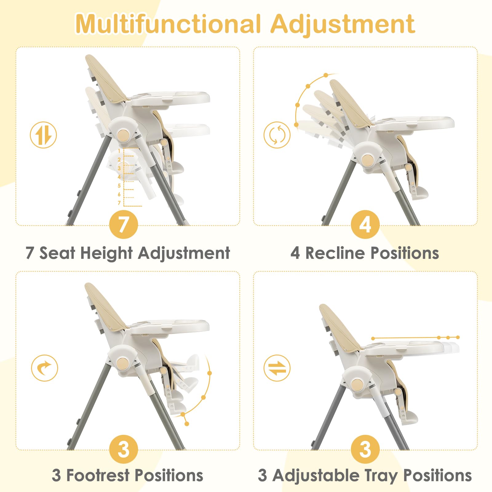 INFANS High Chair for Babies and Toddlers, Foldable Highchair with 7 Different Heights 4 Reclining Backrest Seat