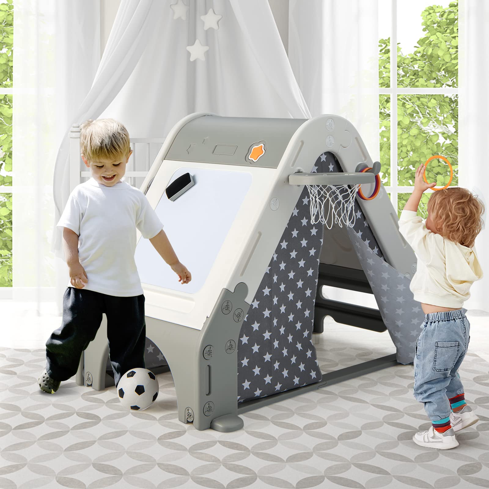 INFANS Triangle Climber with Tent, Kids Hideaway Play Tent with Rock Wall Climbing, Waterproof Tent Cover, Crawling Tunnel Toy