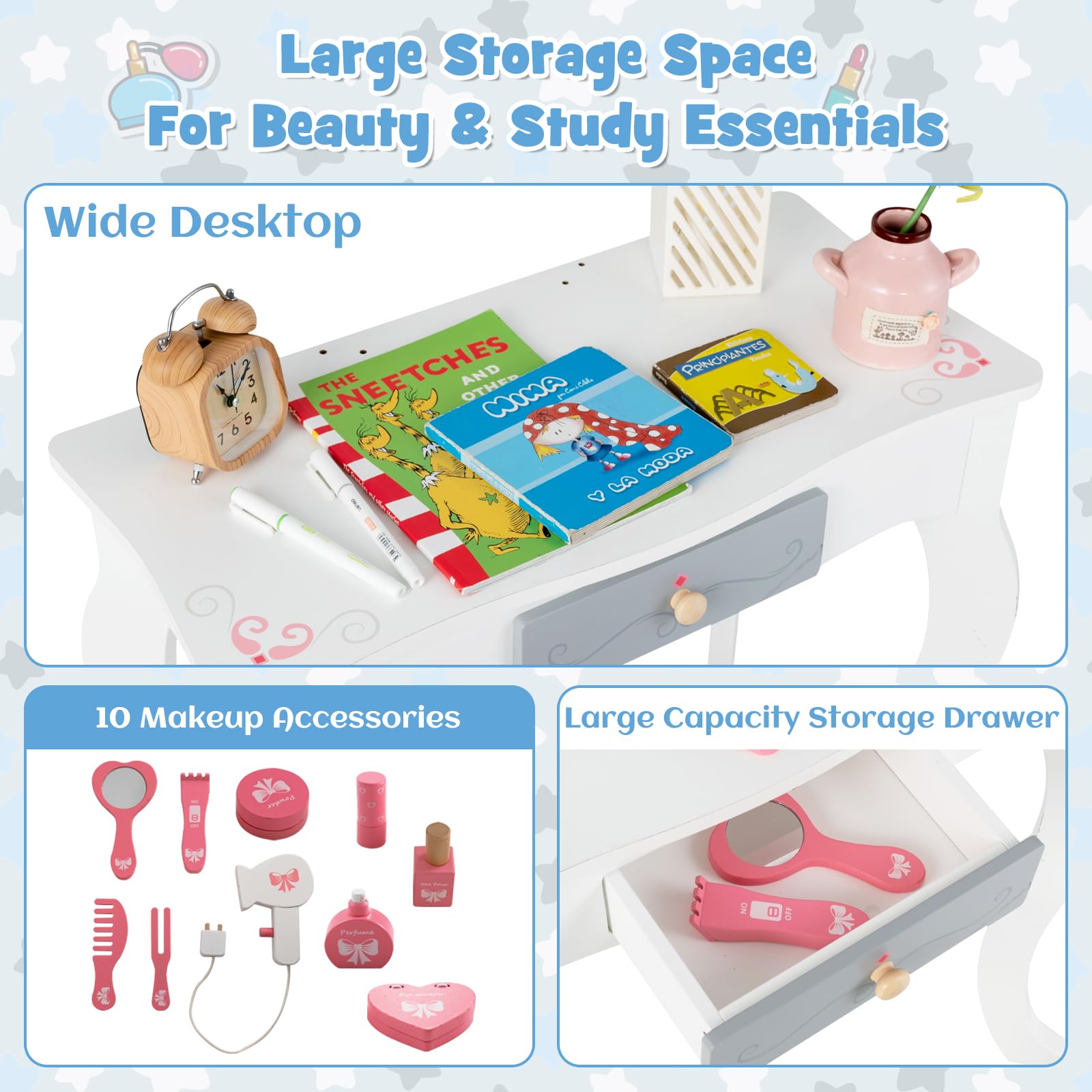 INFANS Kids Vanity, 2 in 1 Princess Makeup Desk Set, Wooden Dressing Table, Pretend Play Vanity Set
