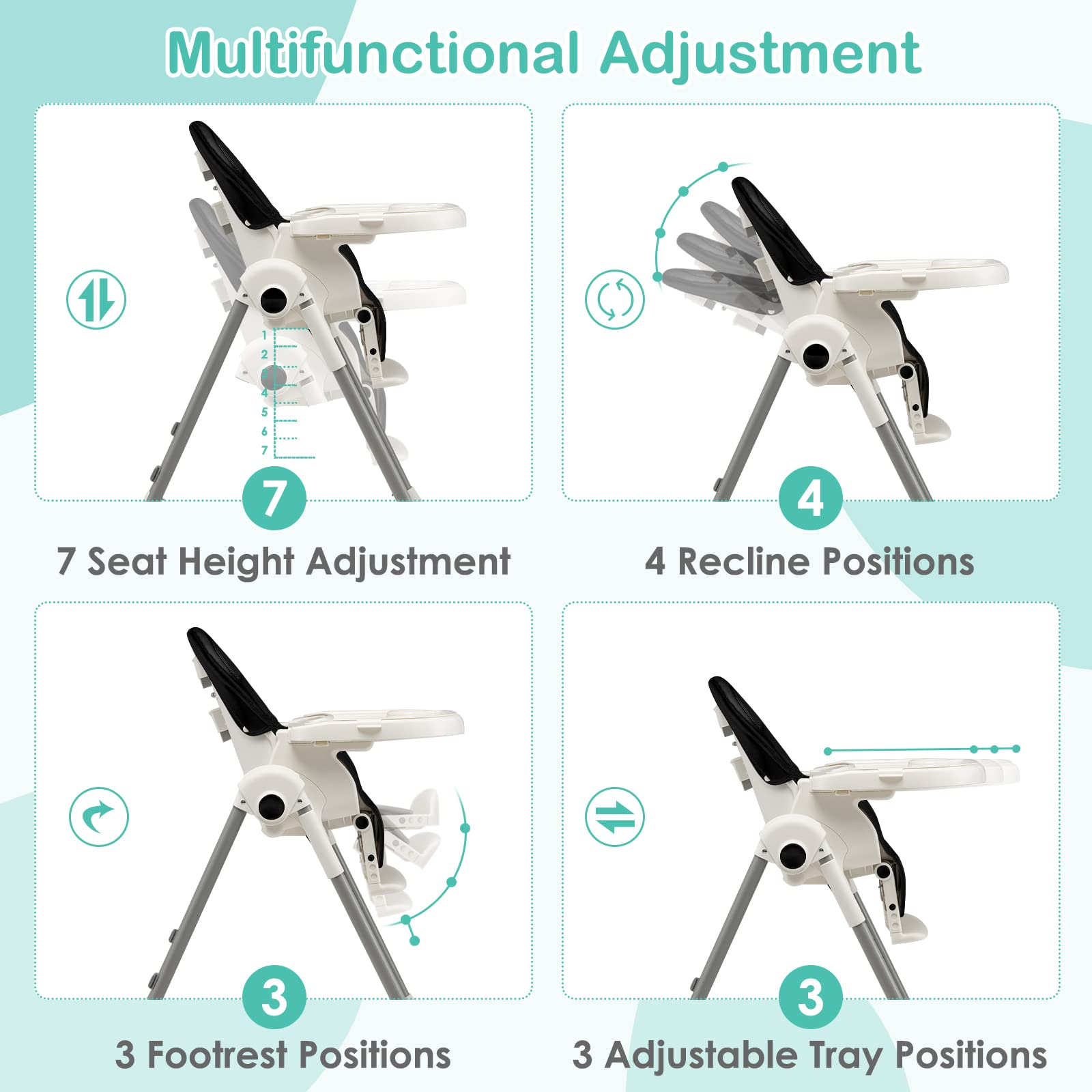 INFANS High Chair for Babies and Toddlers, Foldable Highchair with 7 Different Heights 4 Reclining Backrest Seat 3 Setting Footrest INFANS