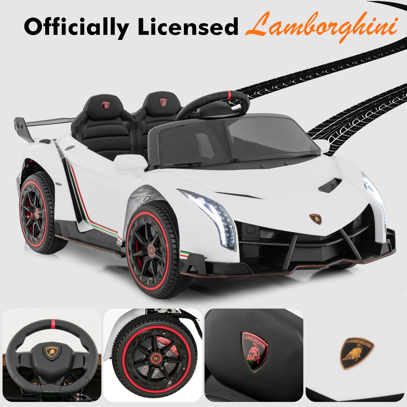 INFANS 2 Seater Kids Ride on Car, 12V 4WD Licensed Lamborghini Veneno Powered Electric Vehicle with Rocking Mode, Remote Control