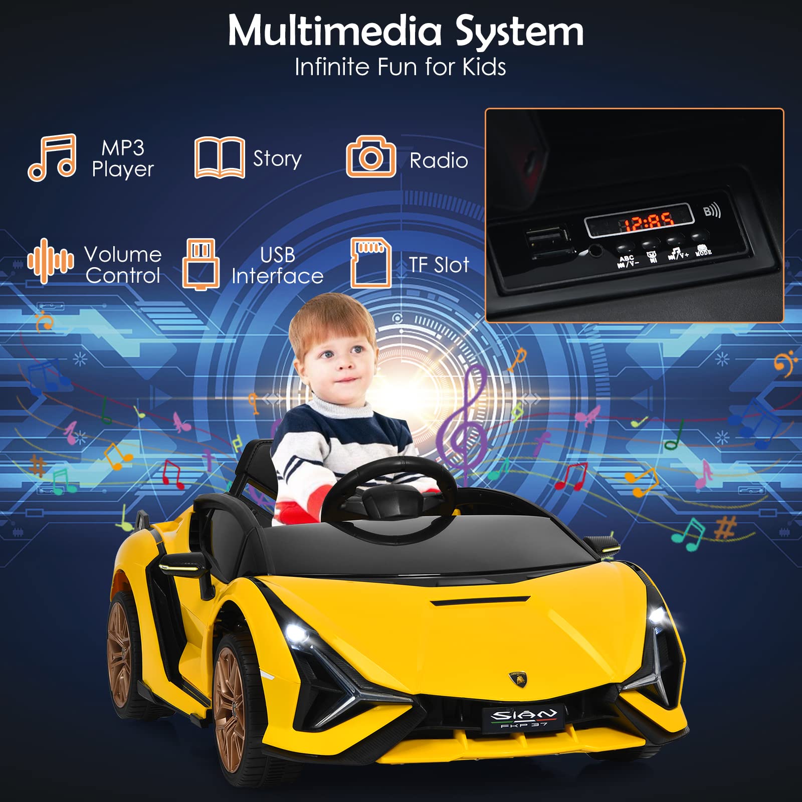 INFANS 12V Licensed Lamborghini Sian Kids Ride on Car with Parent Remote Control, Electric Toy Roadster Carbon Fiber Textured