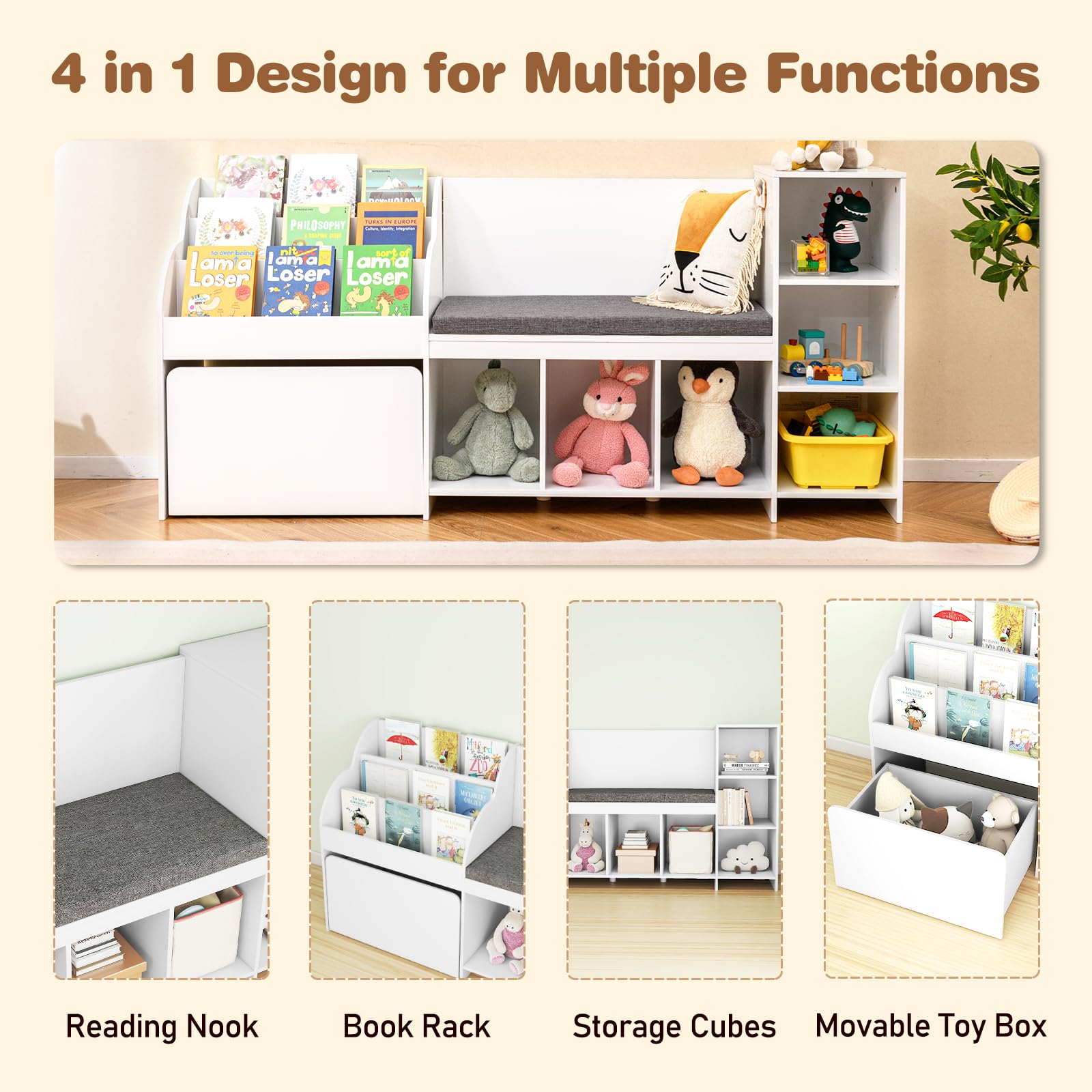 Kids Bookshelf Toy Storage Organizer with Reading Nook Seat Cushion