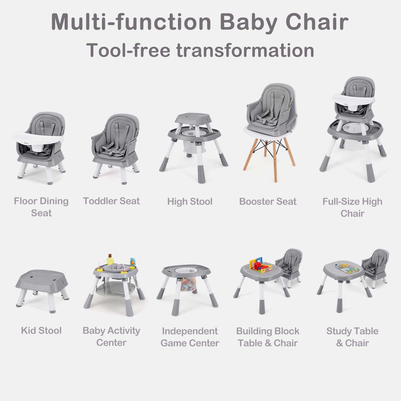 INFANS 9 in 1 High Chair, Convertible Baby Highchair, Table and Chair Set Building Block Infant Dining Booster Seat