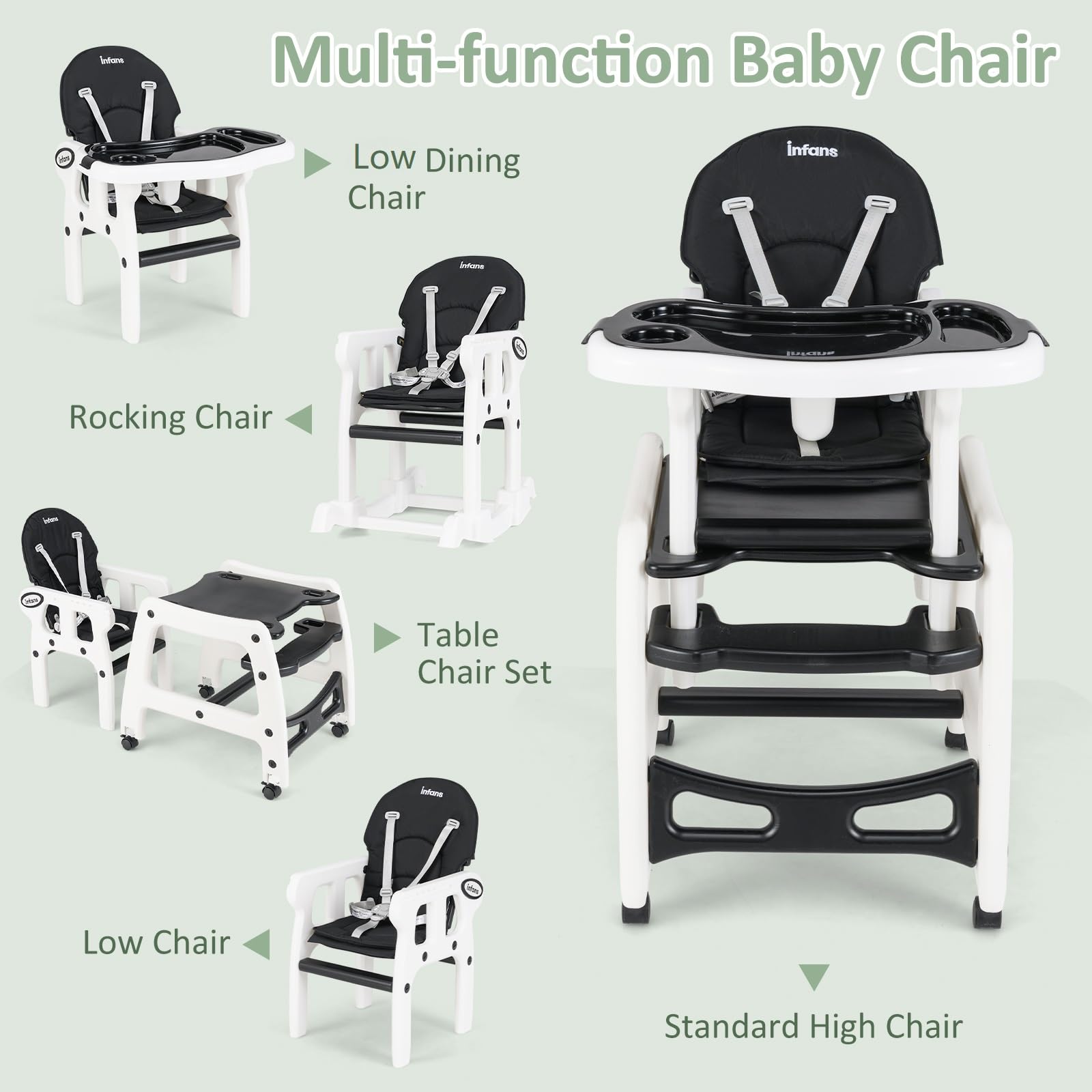 INFANS 5 in 1 Baby High Chair, Convertible Toddler Table Chair Set, Rocking Chair, Multi-Function Seat with Lockable Universal Wheels