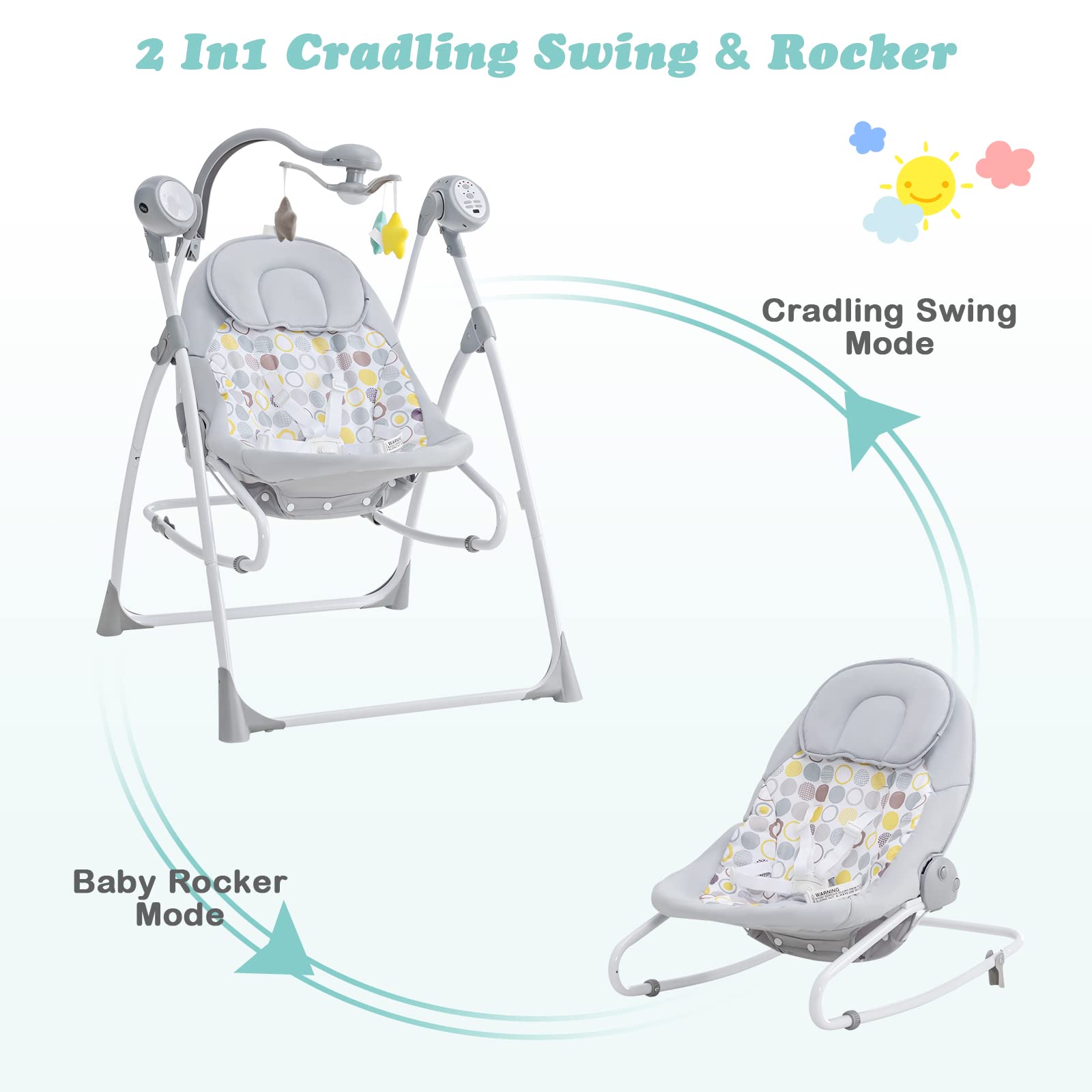 INFANS 2 in 1 Baby Swing and Bouncer for Infants, Portable Newborn Rocker with 5 Speed Sway Music Timing 2 Toys Remote Control, Easy Fold, Compact Electric Baby Swing for 0-6 Months Boy Girl INFANS