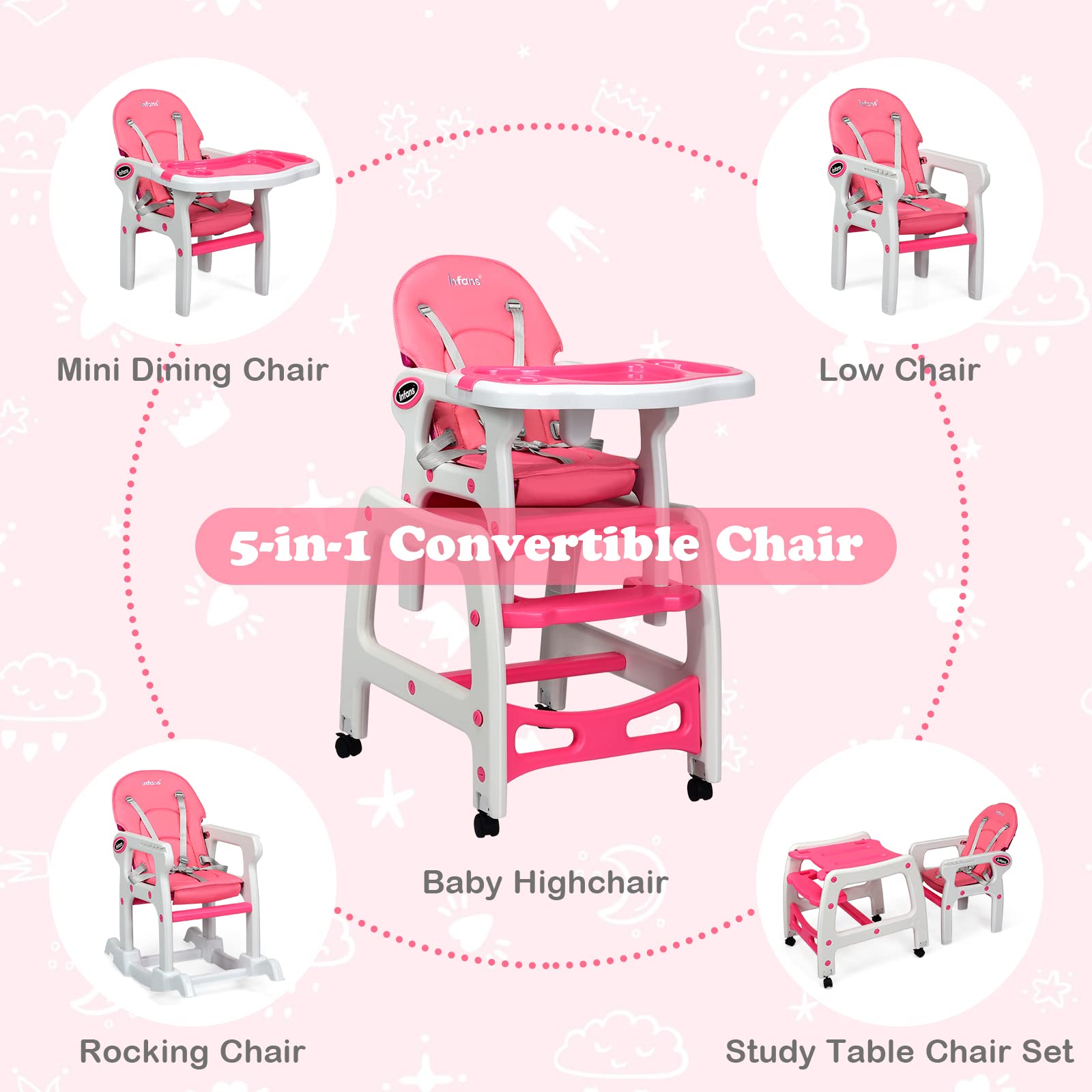INFANS 5 in 1 Baby High Chair, Convertible Toddler Table Chair Set, Rocking Chair, Multi-Function Seat with Lockable Universal Wheels