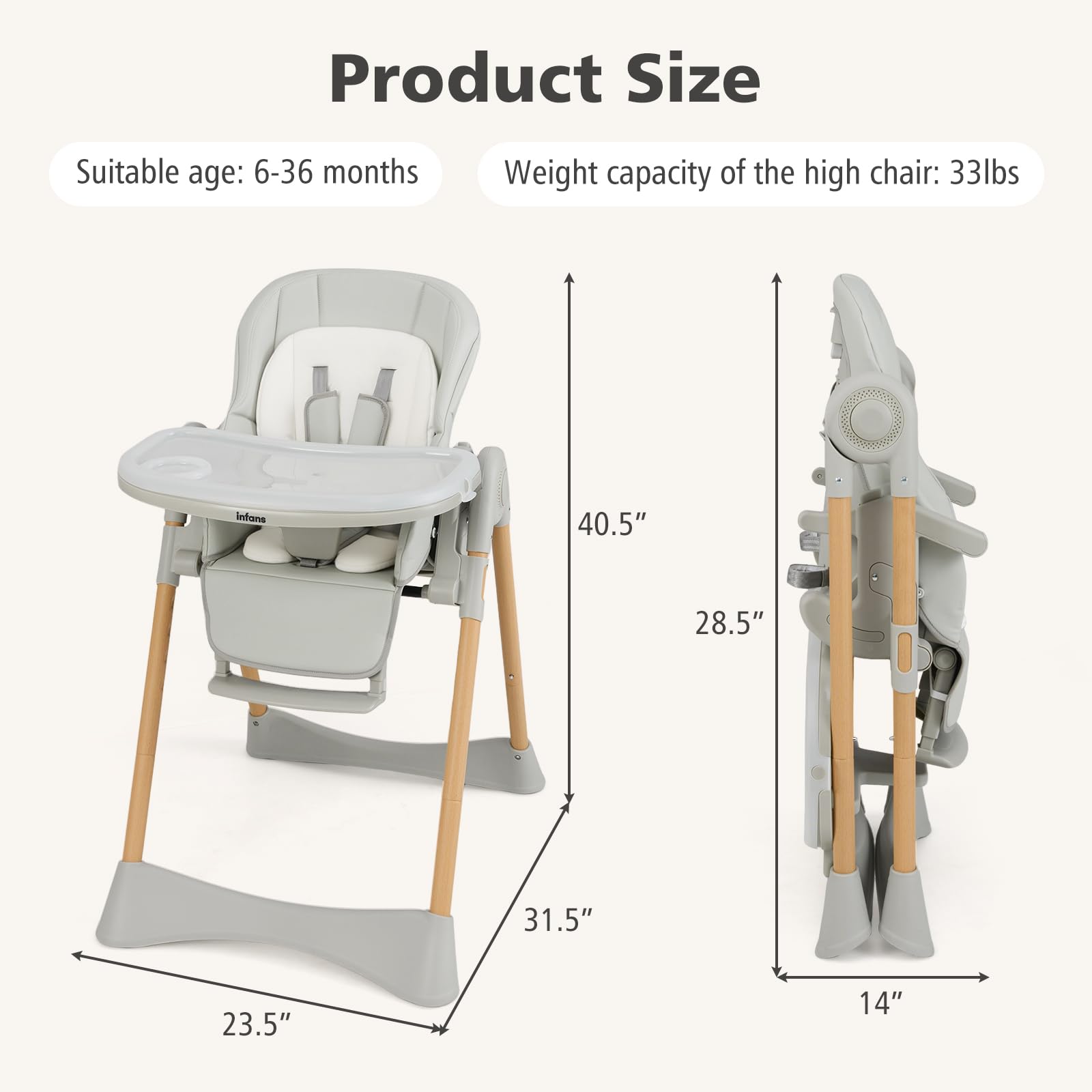 INFANS Baby High Chair, High Chairs for Babies & Toddlers with Adjustable Height, Easy to Clean Convertible Quick Folding