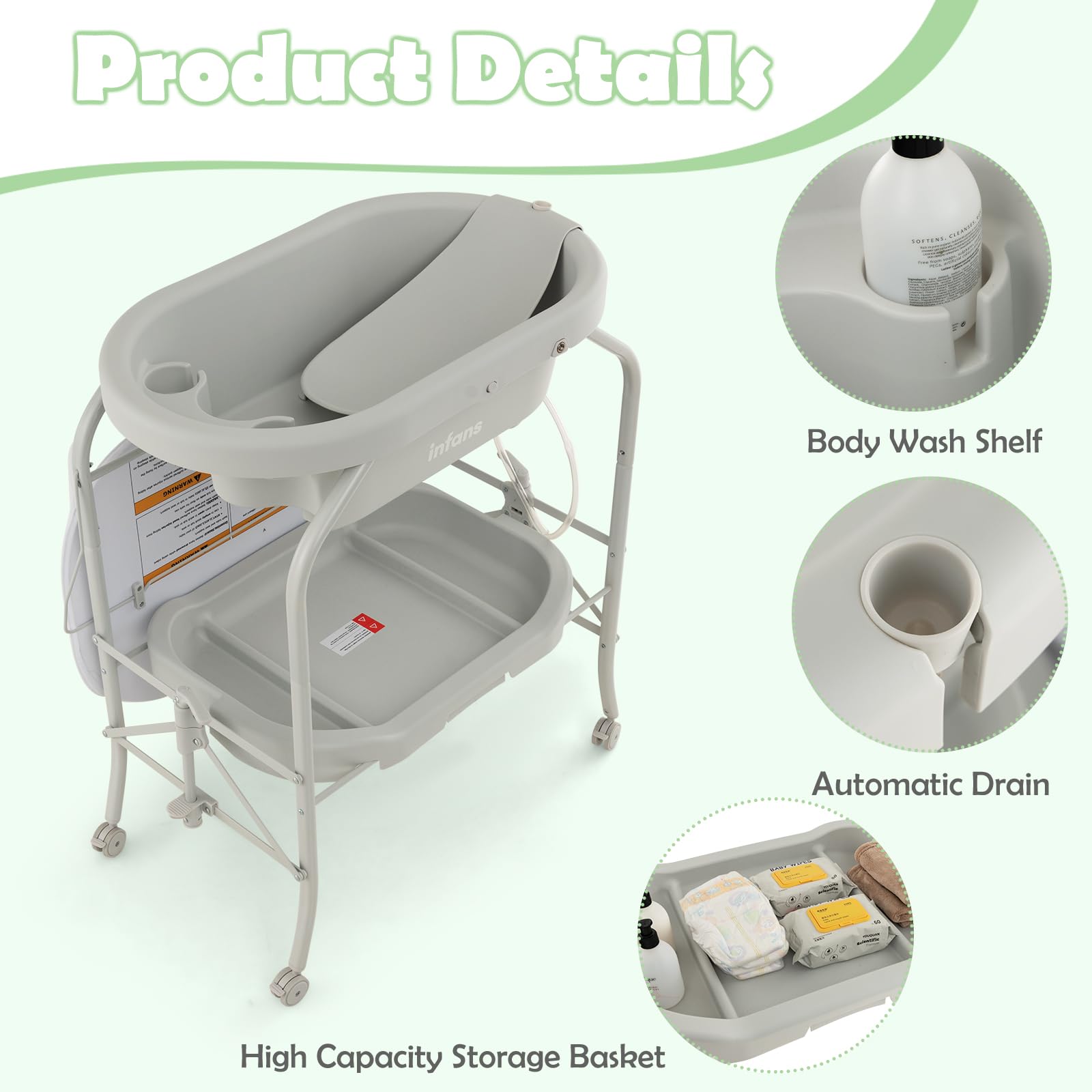 INFANS 2 in 1 Baby Changing Table with Bath Tub Unit, Folding Diaper Dresser Station with Wheels Waterproof Pad