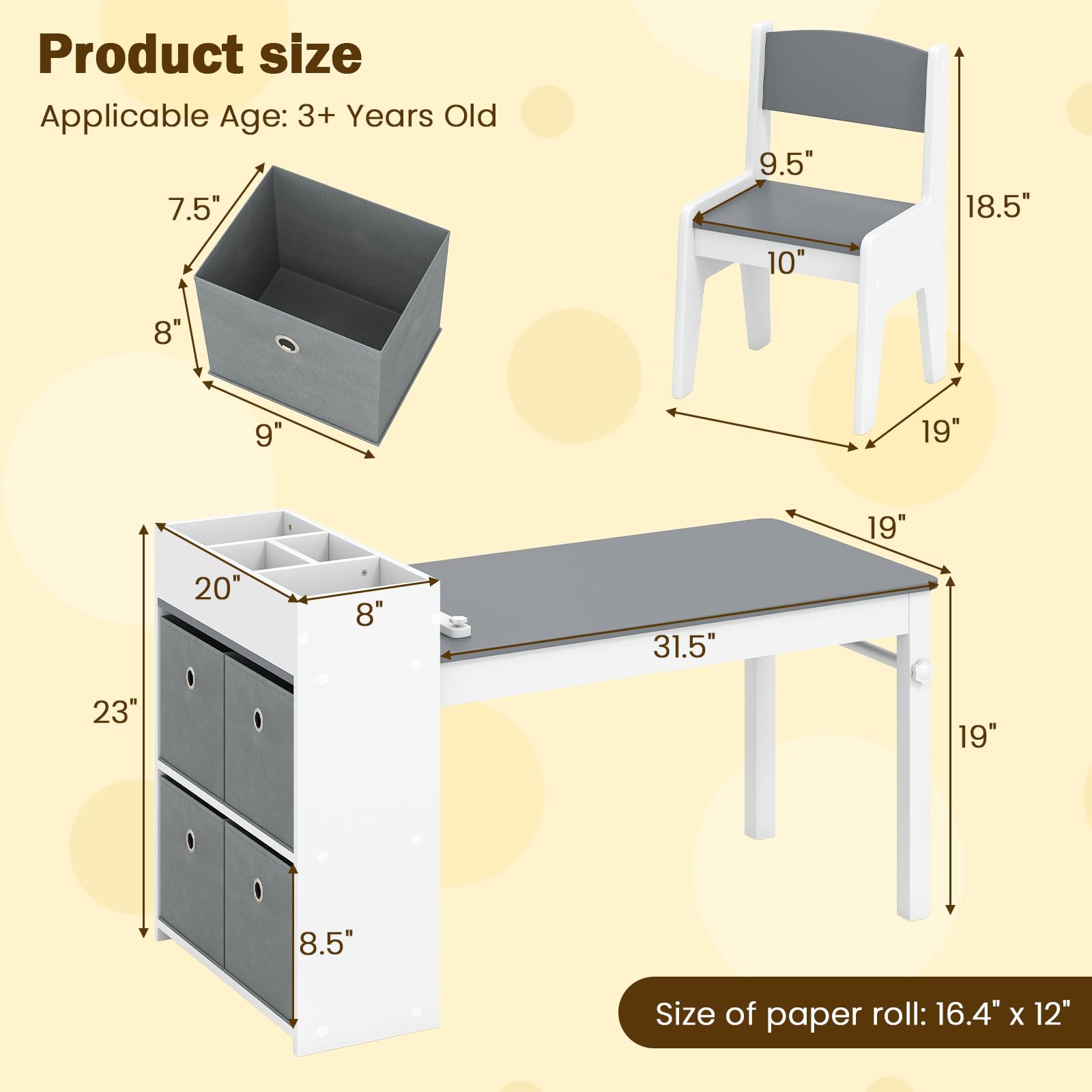 INFANS Kids Table and Chair Set, Toddler Art Craft Play Wood Activity Desk with 2 Chairs 4 Storage Canvas Bins Paper Roll