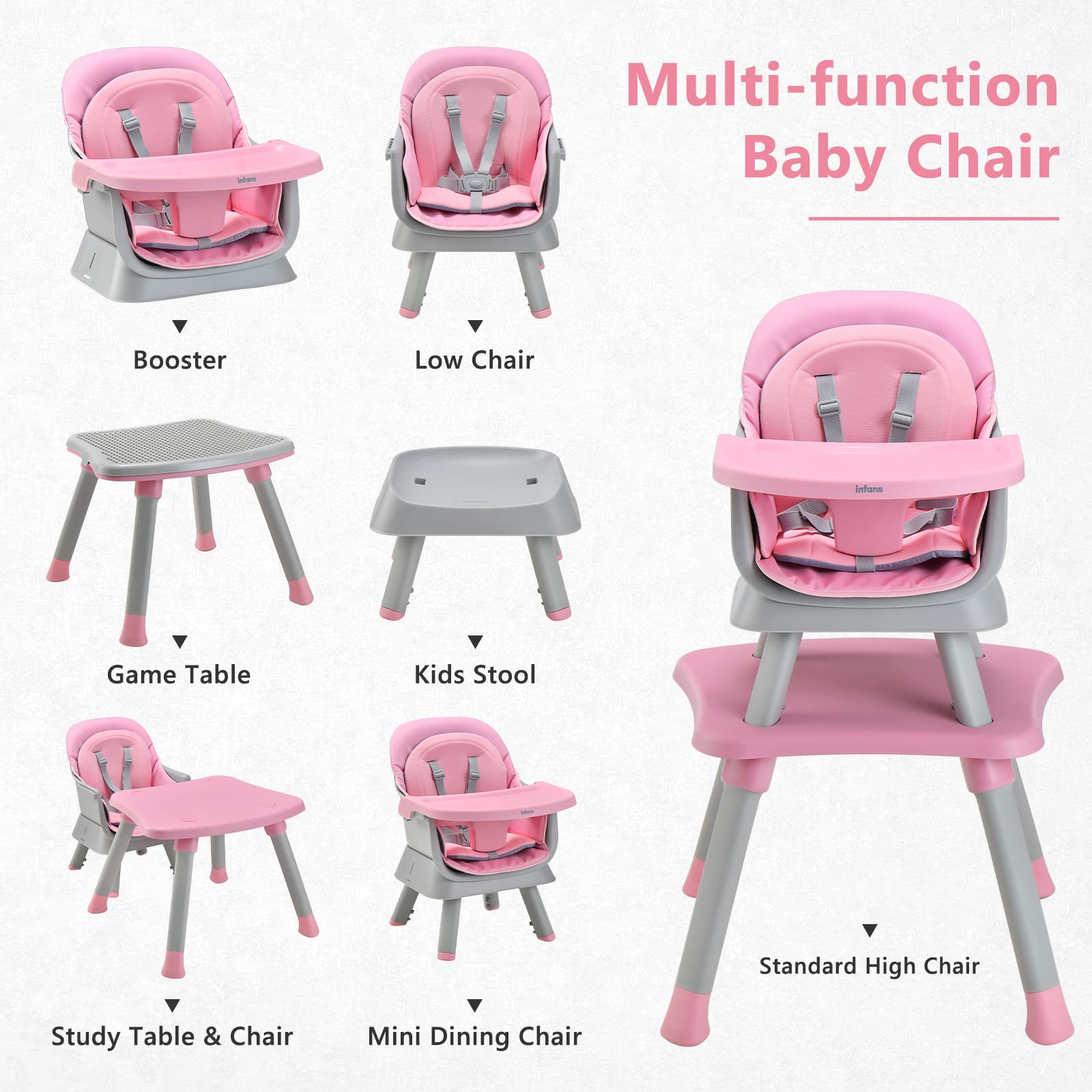 INFANS 8 in 1 Baby High Chair, Convertible Highchair for Babies and Toddlers, Infant Dining Booster Seat, Kids Stool Table Chair Set